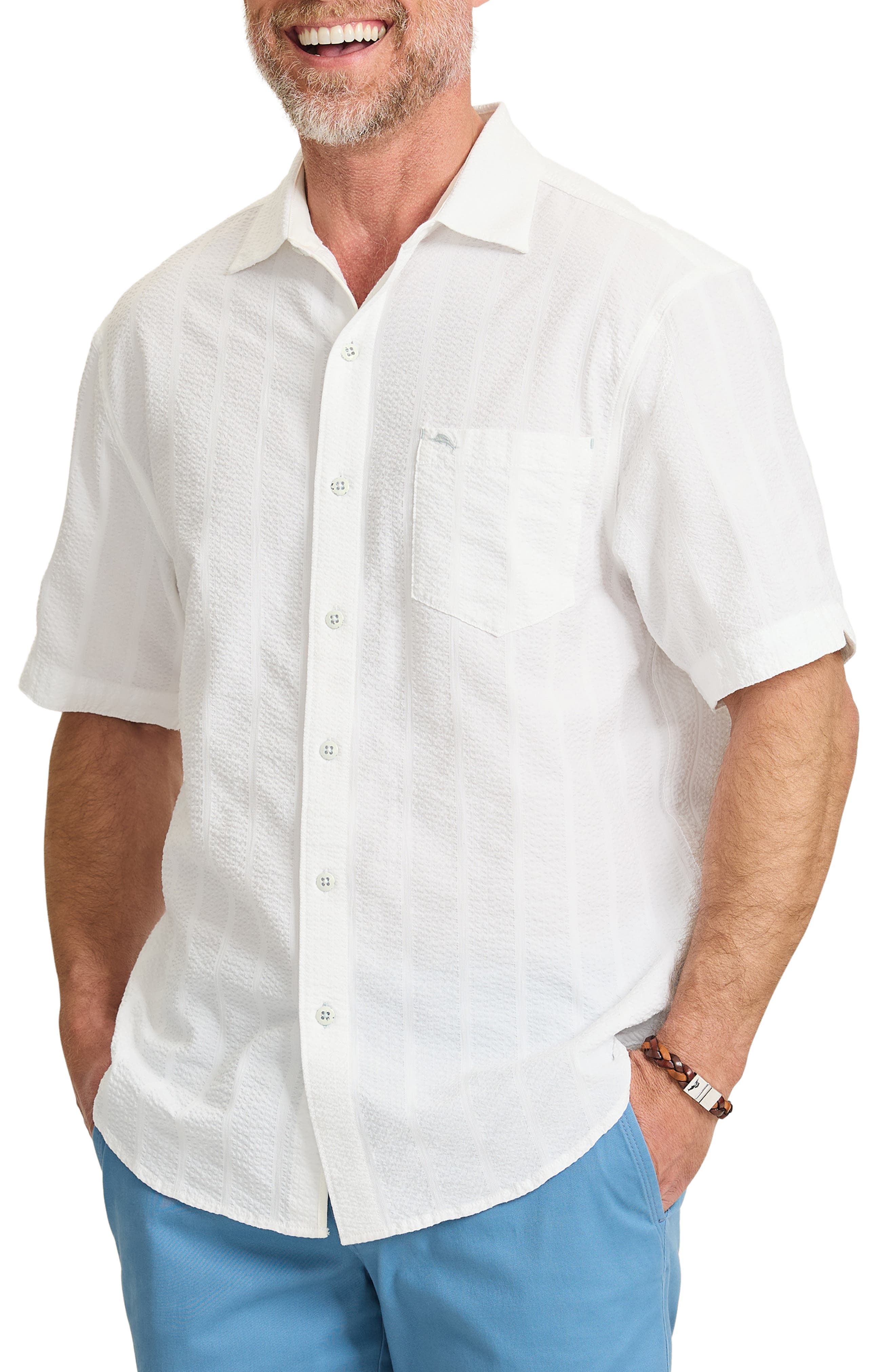 Nova Wave Short Sleeve Stretch Seersucker Button-Up Shirt - image 1