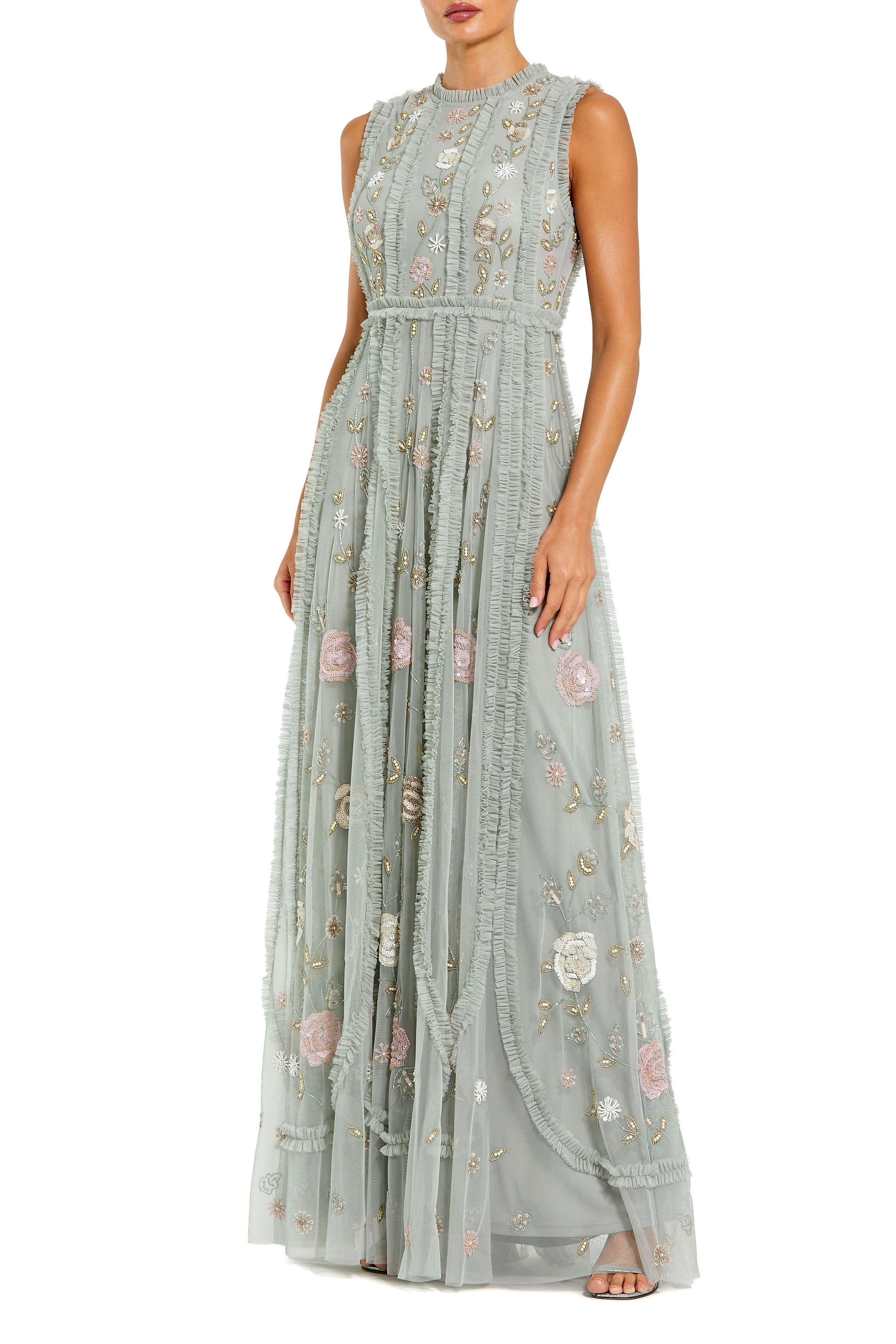 Petite Floral Embroidered Mesh A-Line Gown with Micro Ruffle Trim - image 1