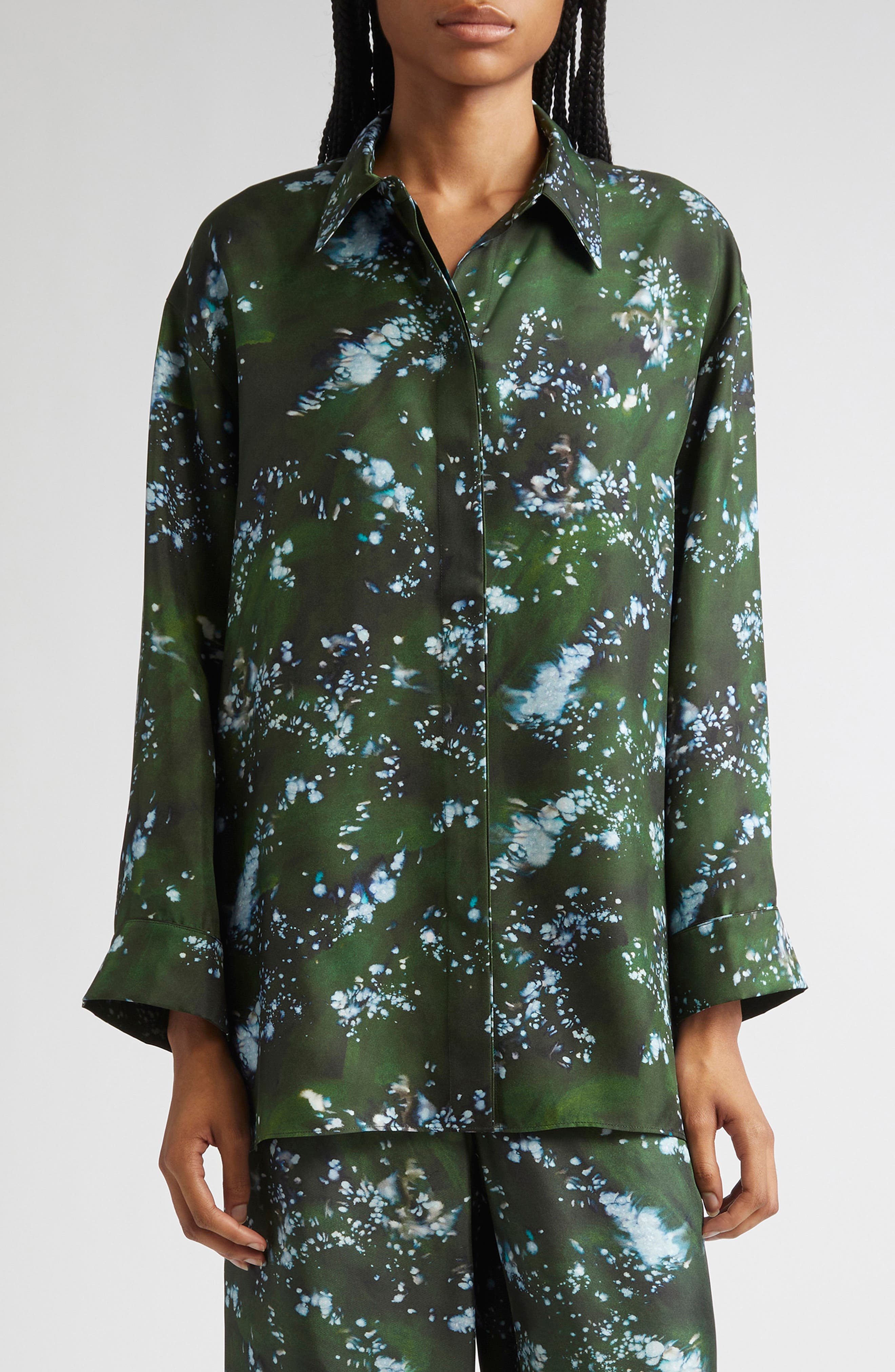 Boyfriend Oversize Splattered Glaze Print Silk Twill Button-Up Shirt - image 1