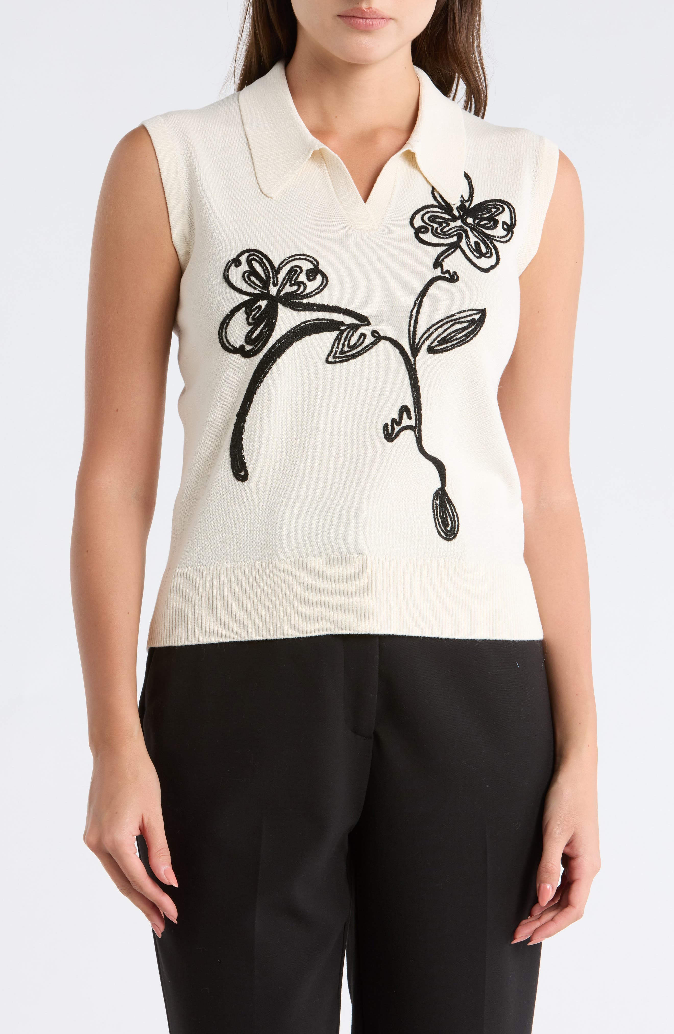 Floral Embroidered Sleeveless Crop Polo Sweater - image 1