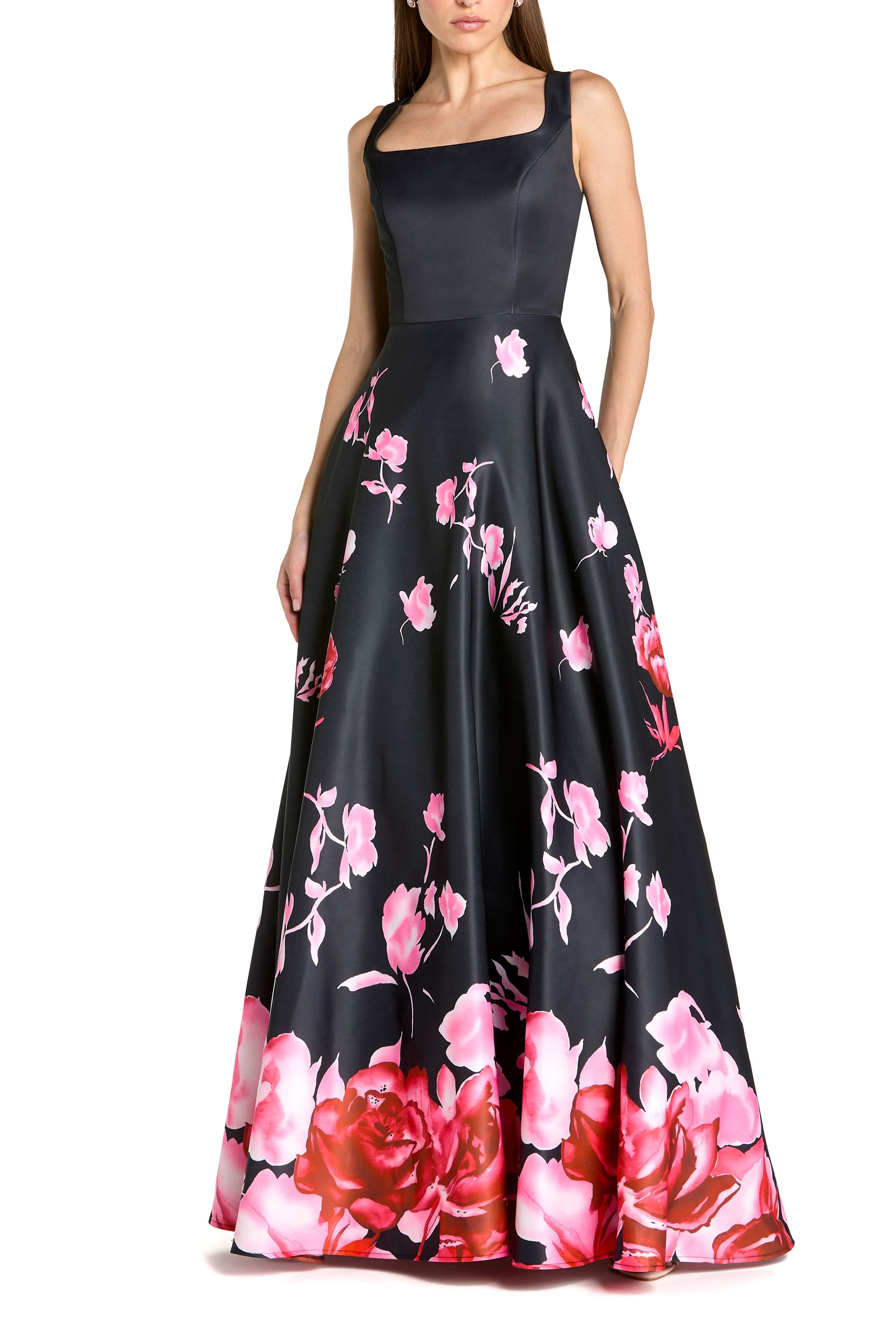 Printed Satin Sleeveless Square Neck Ballgown - image 1