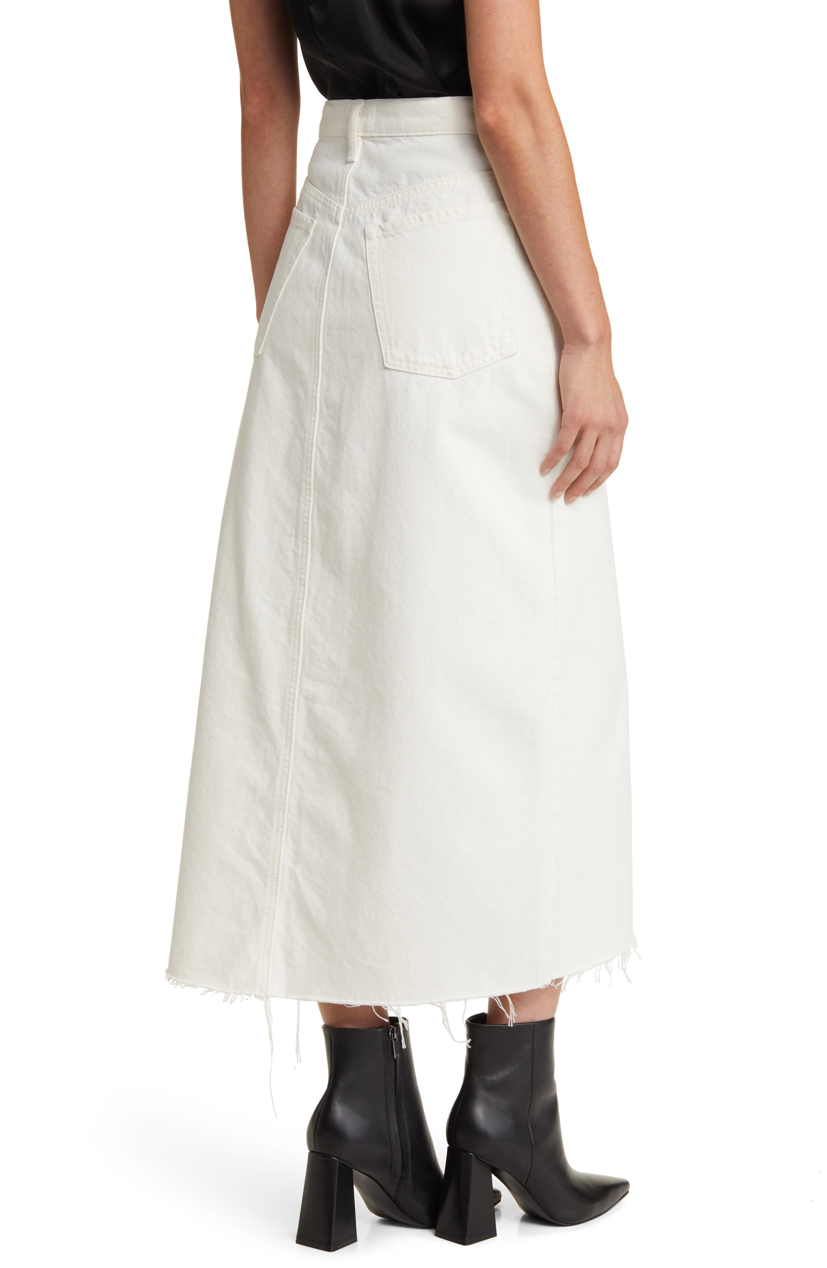 Angled Seam Raw Hem Denim Midi Skirt - image 2