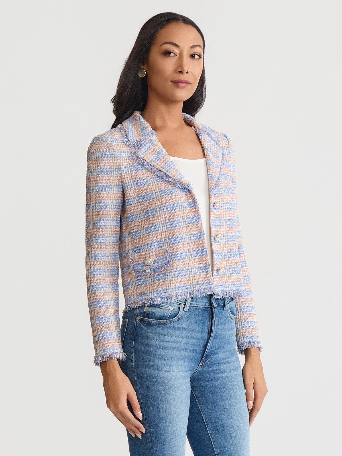 Relaxed Plaid Fringe Trim Knit Jacket - image 4