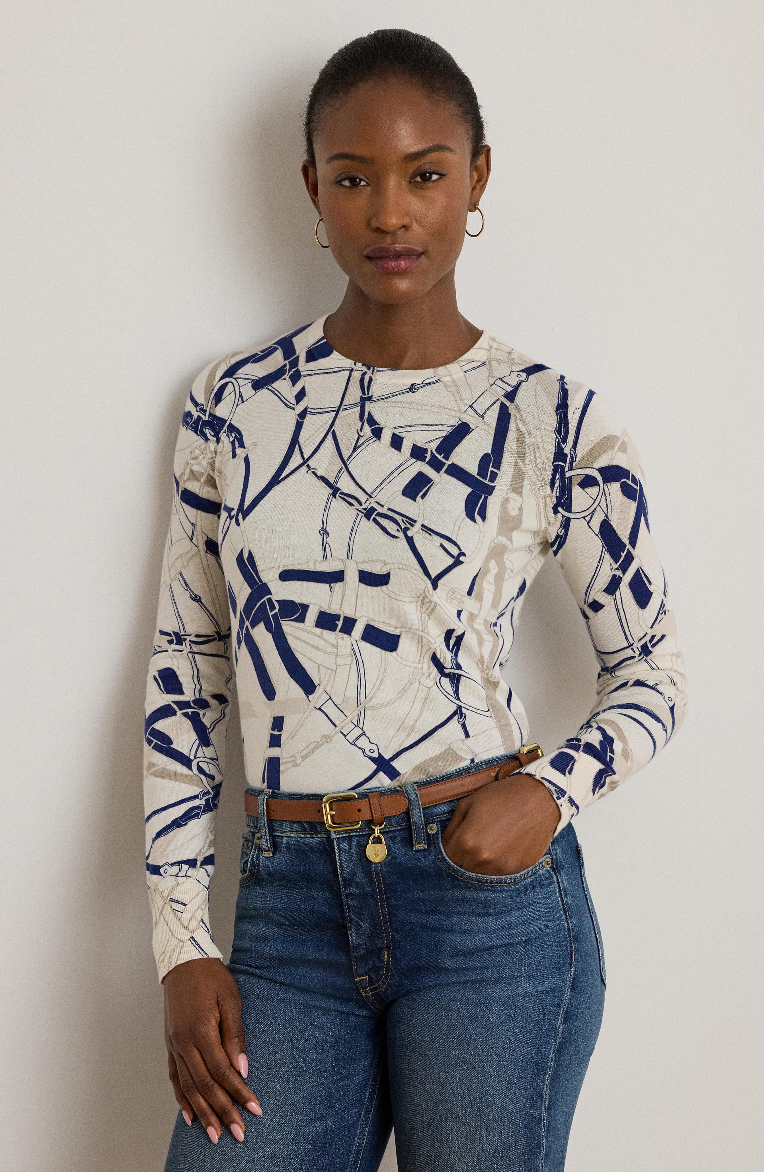 Belting Print Cotton Blend Sweater - image 2