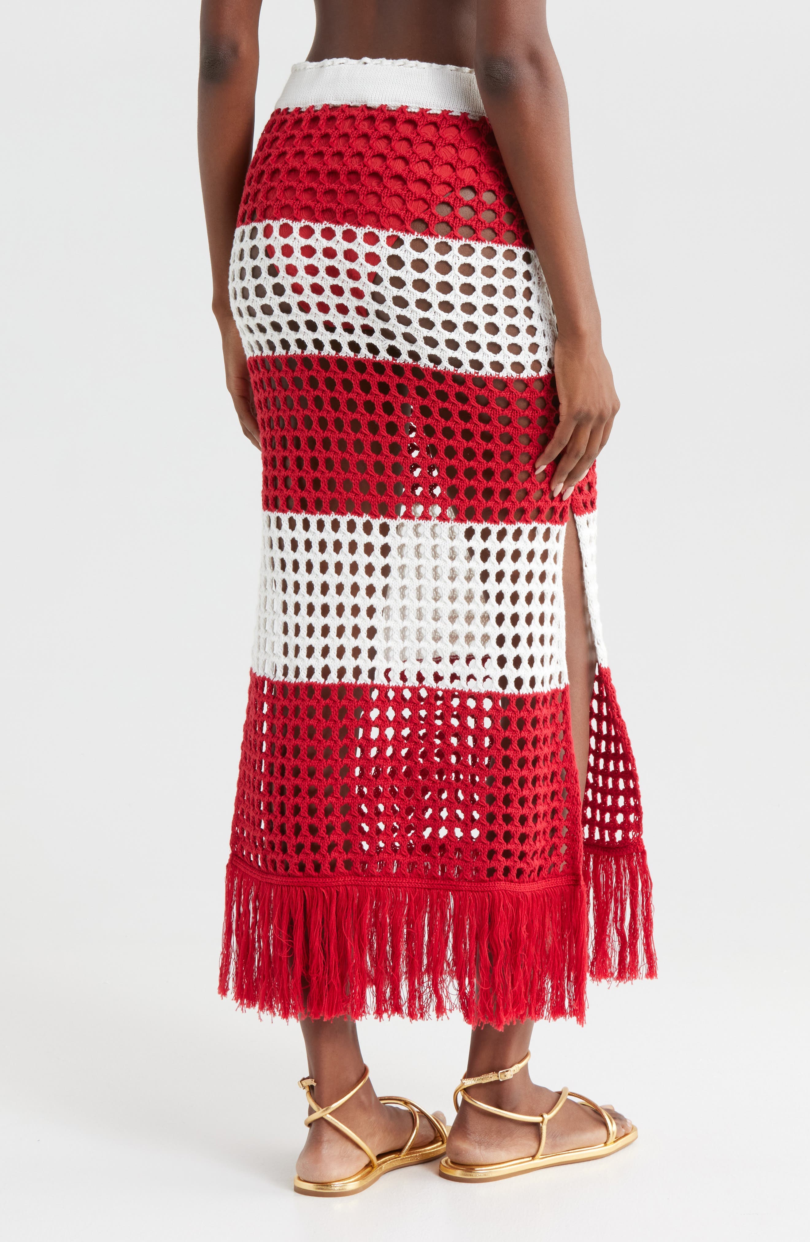 Red Stripes Crochet Cotton Cover-Up Maxi Skirt - image 2