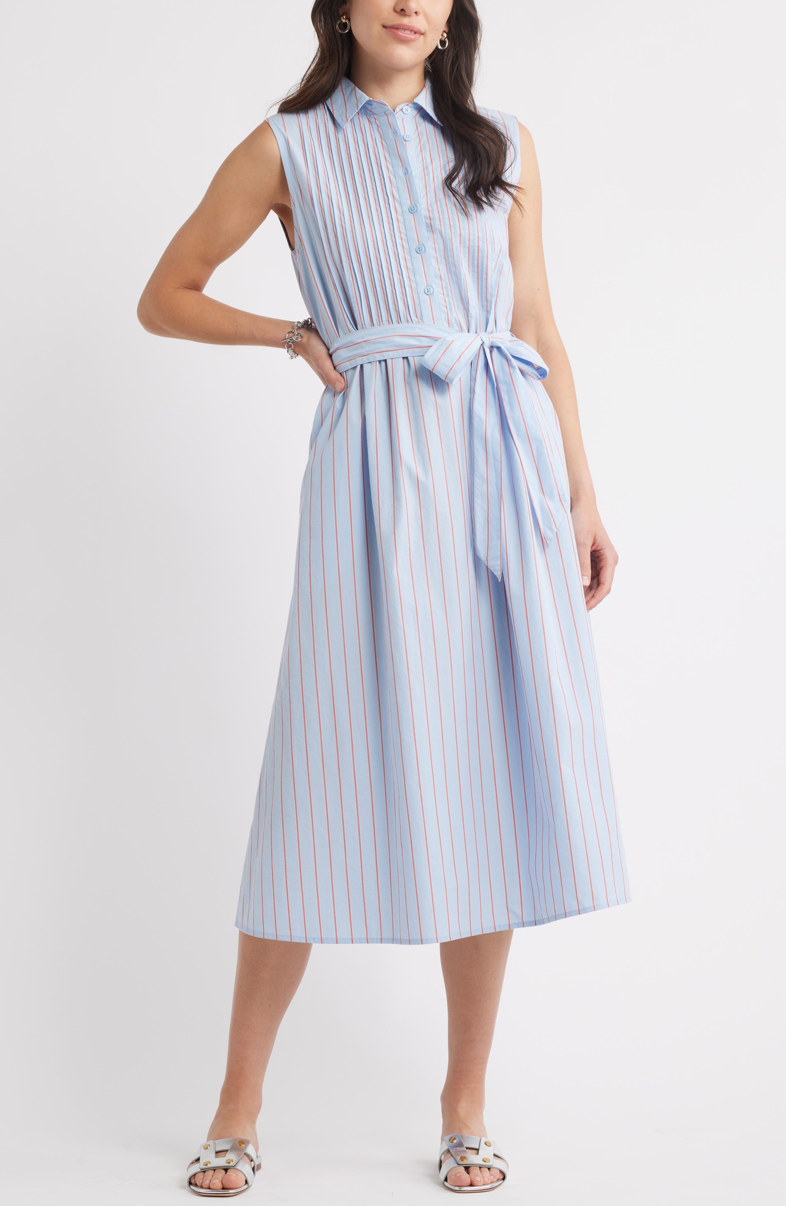 Pintuck Tie Waist Cotton Shirtdress - image 1