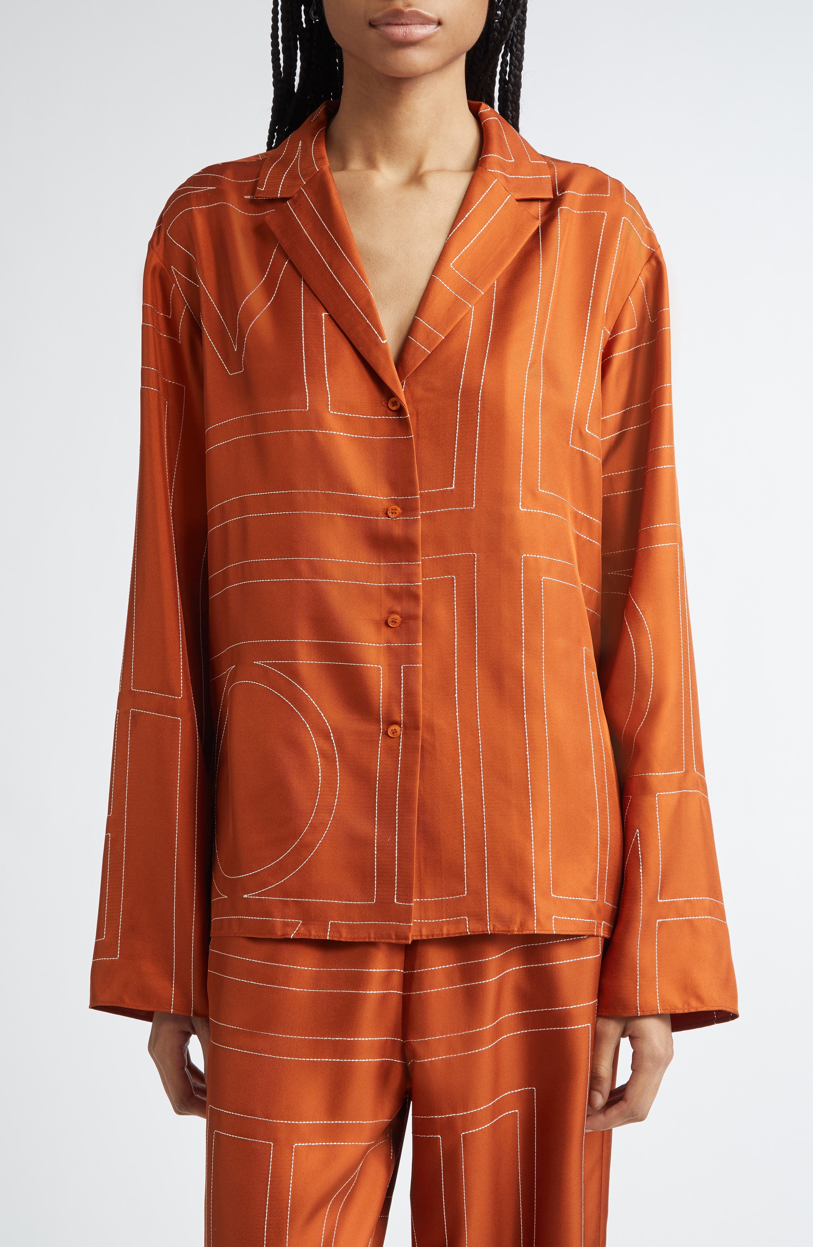 Monogram Embroidered Silk Button-Up Shirt - image 1