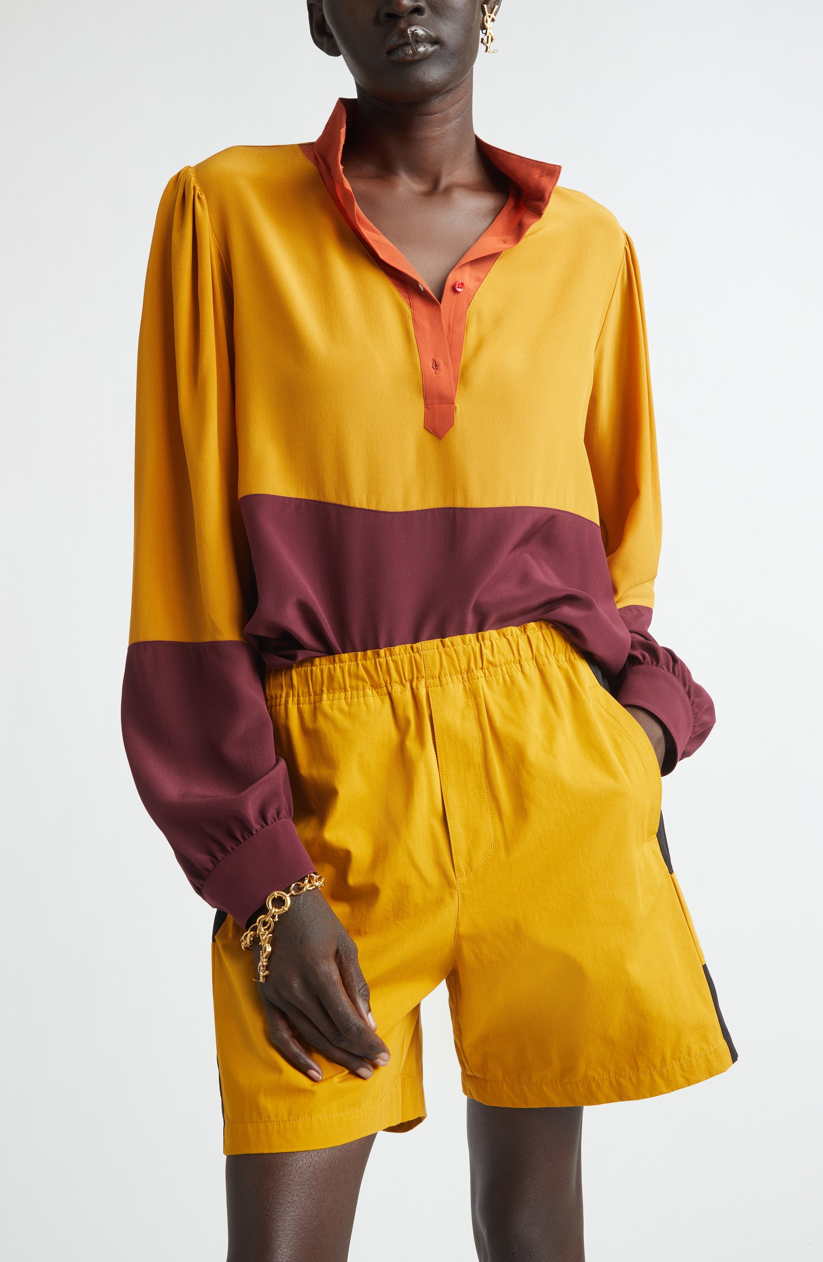Colorblock Silk Crepe de Chine Half-Placket Shirt - image 1