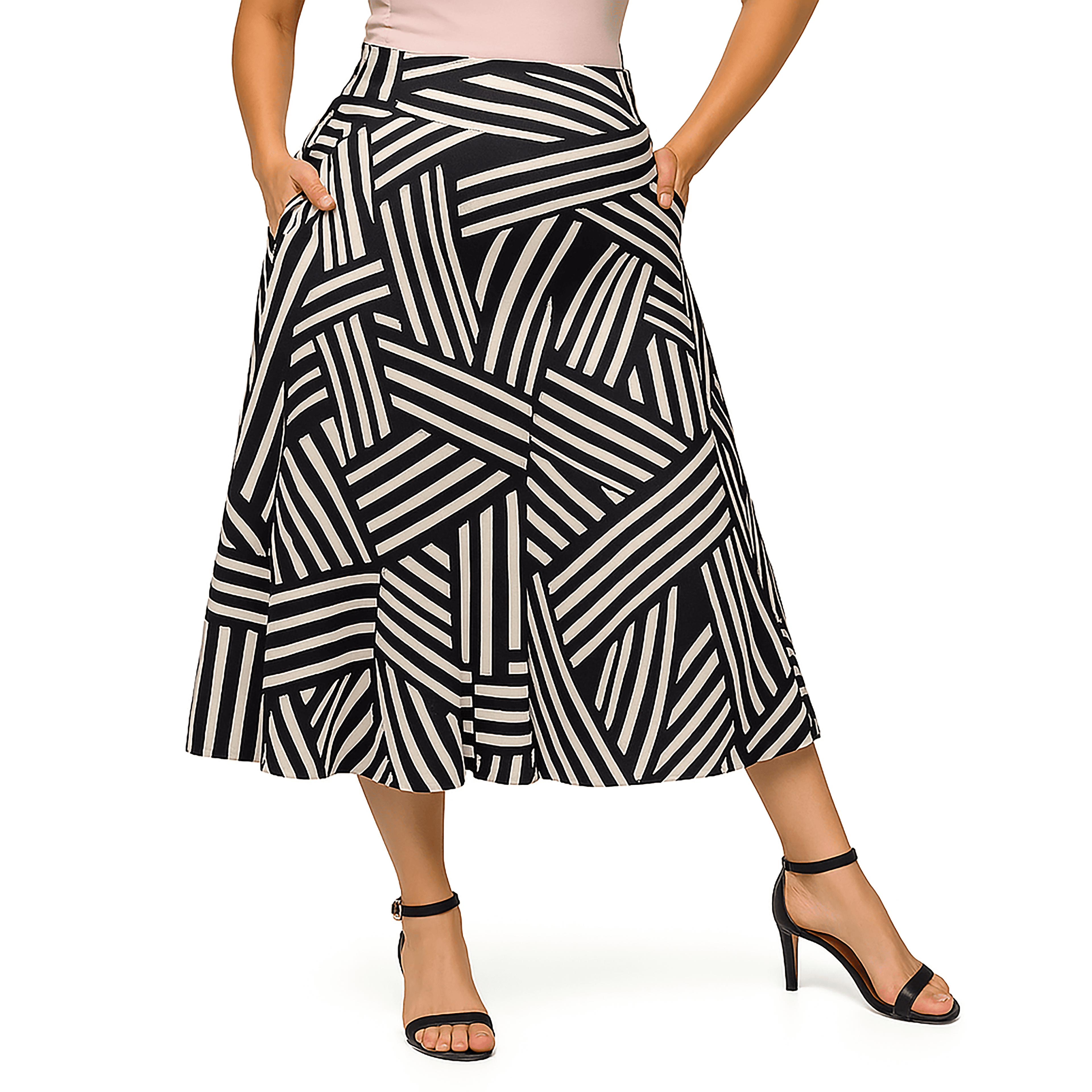 Maternity Black Geometric Print Elastic Waist Pocket Midi Skirt - image 1