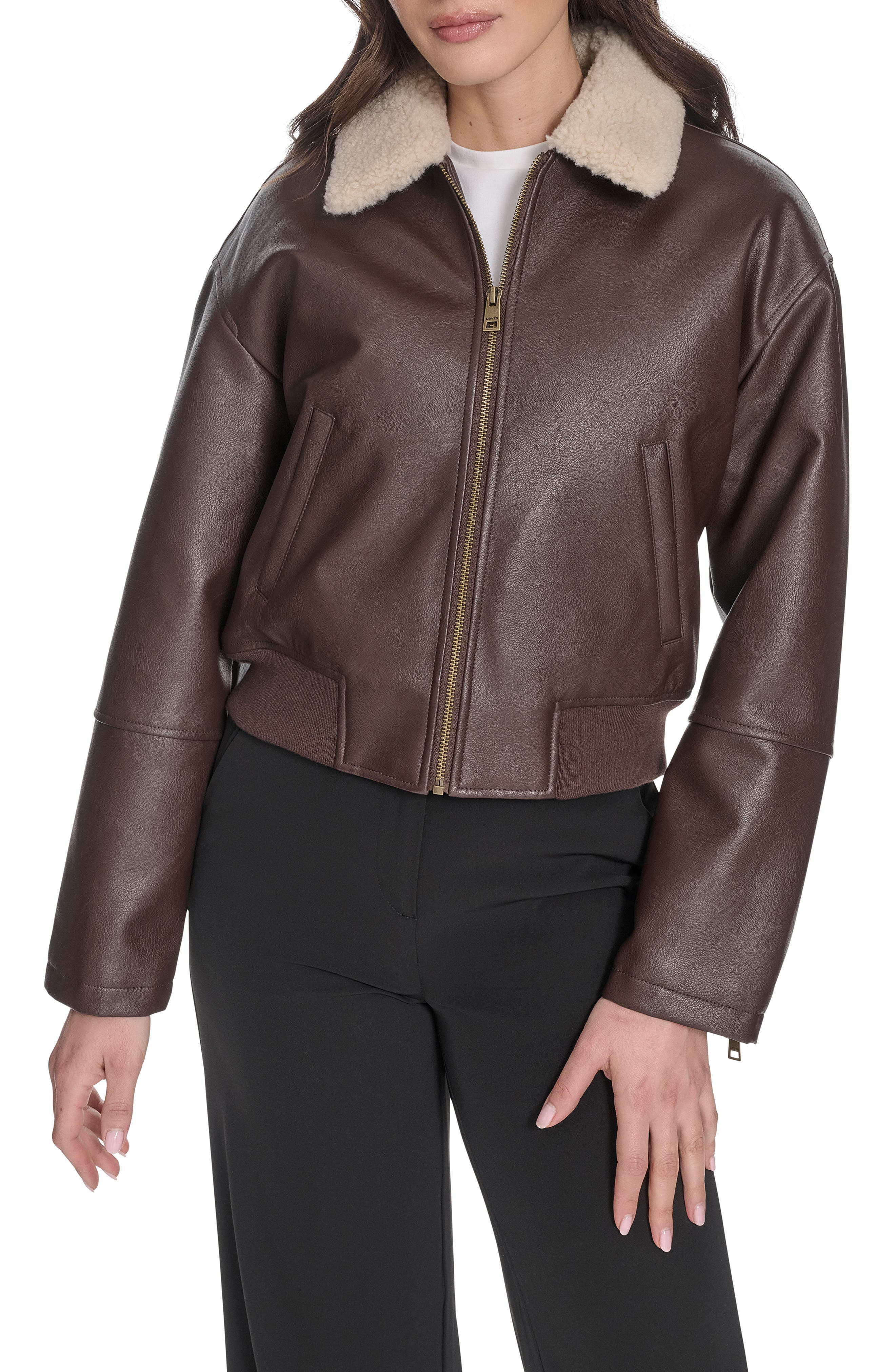 Faux Leather Bomber Jacket with Faux Shearling Collar - image 1