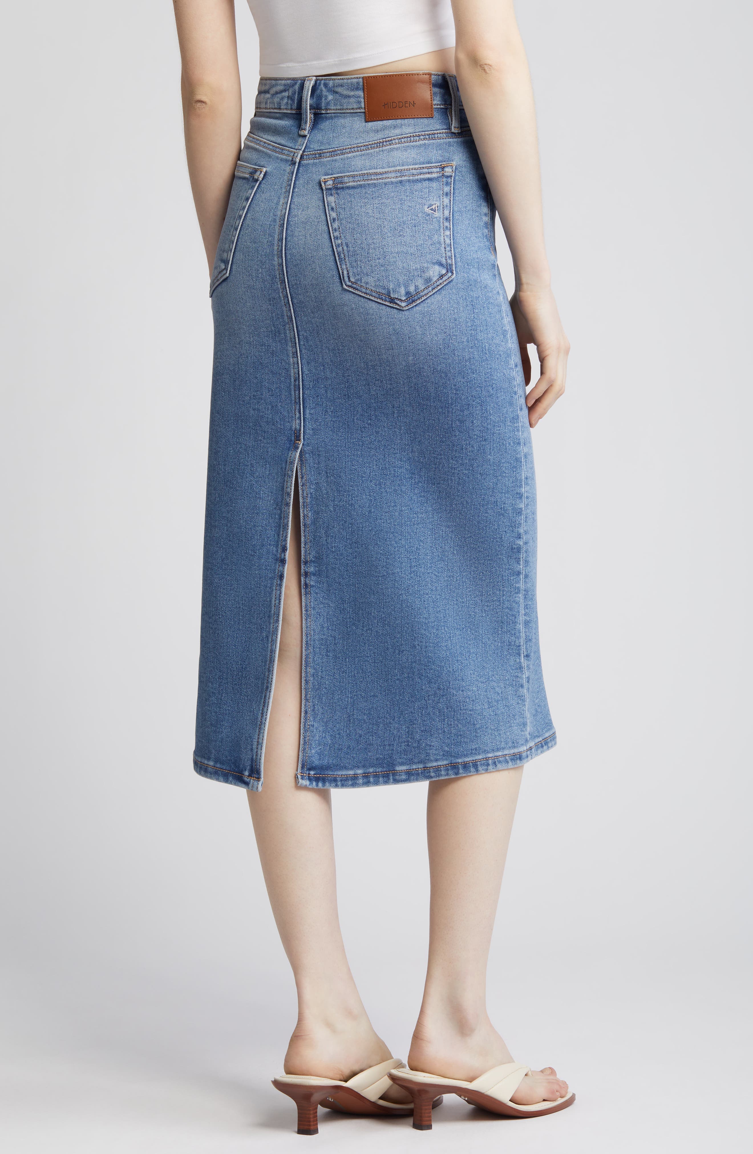 Back Slit Denim Midi Pencil Skirt - image 2