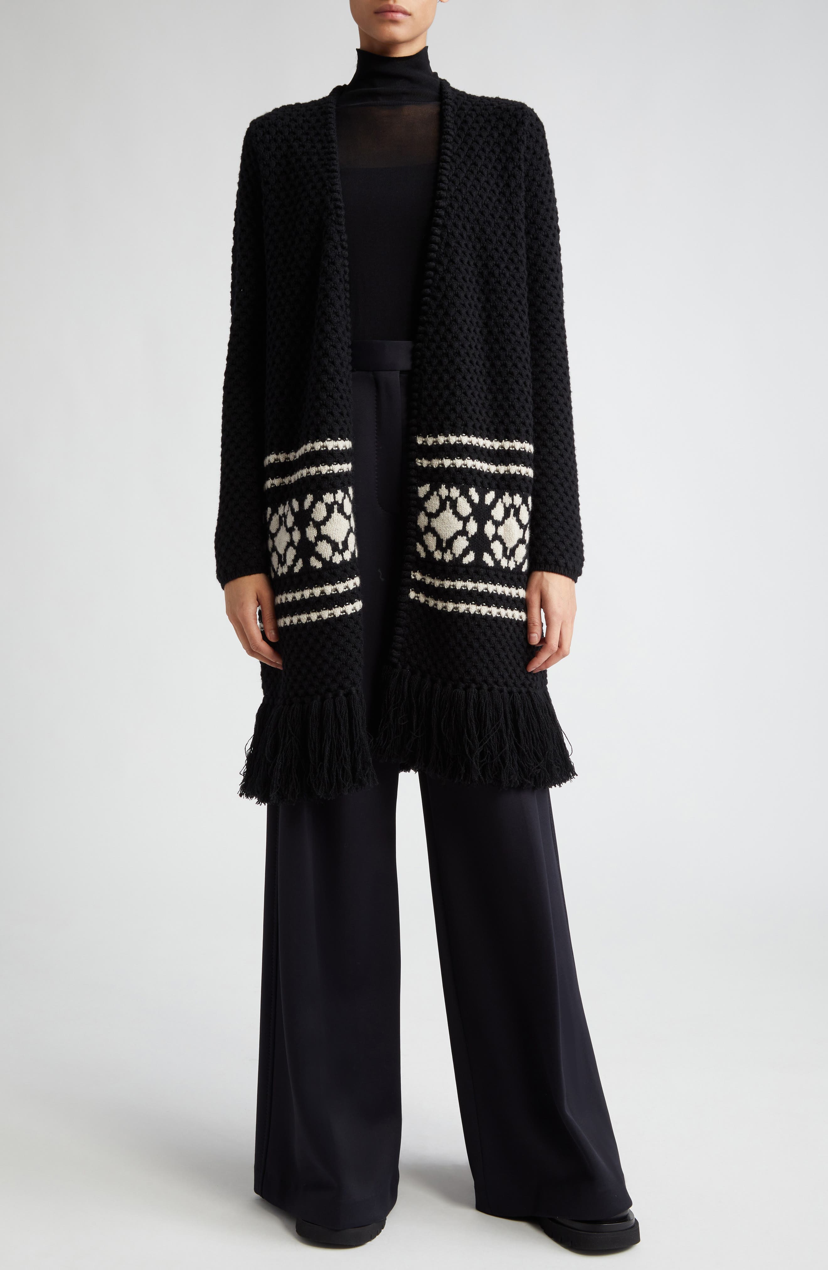 Orione Longline Tie Waist Fringe Trim Wool & Cashmere Cardigan - image 2