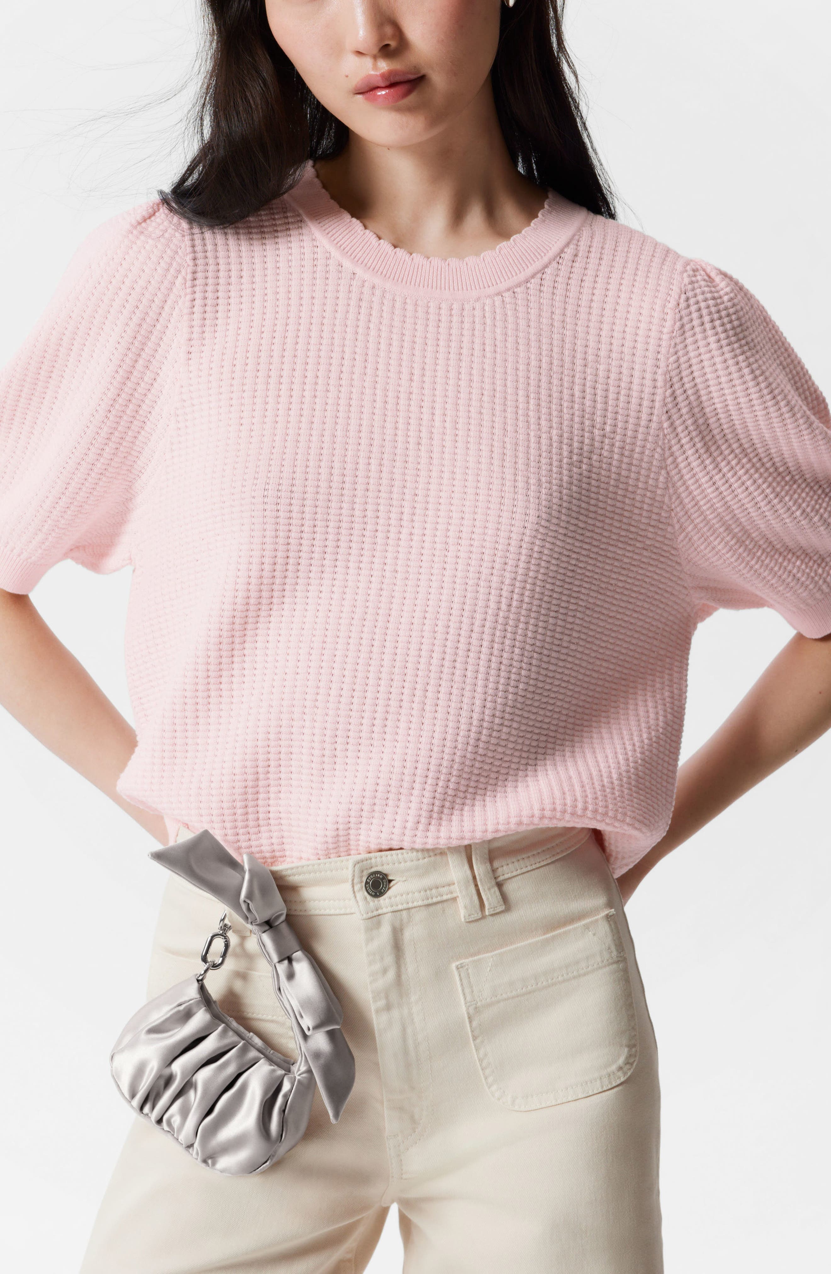 Scalloped Detail Puff Sleeve Cotton Sweater - image 1