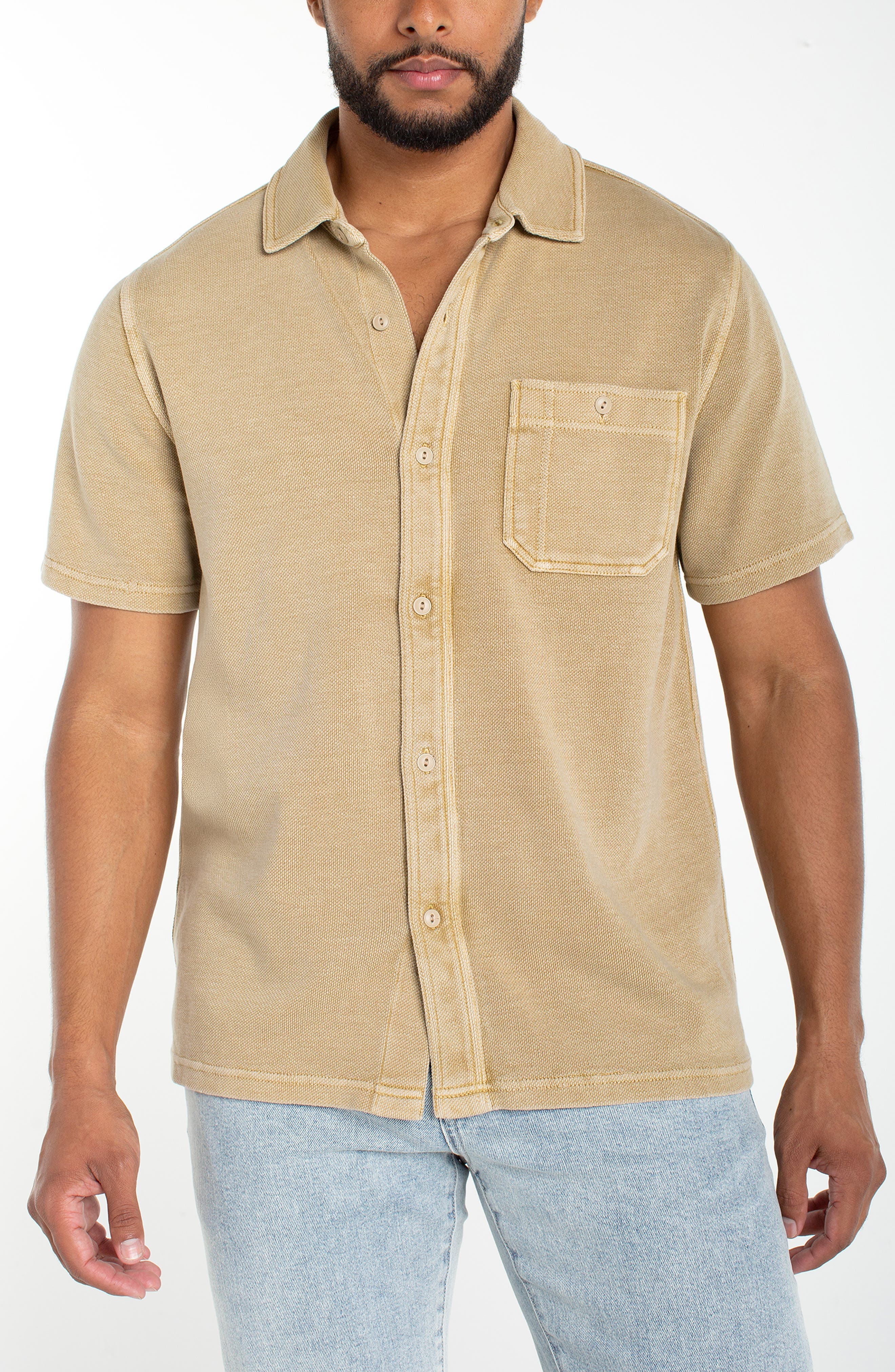 Short Sleeve Pique Knit Button-Up Shirt - image 1