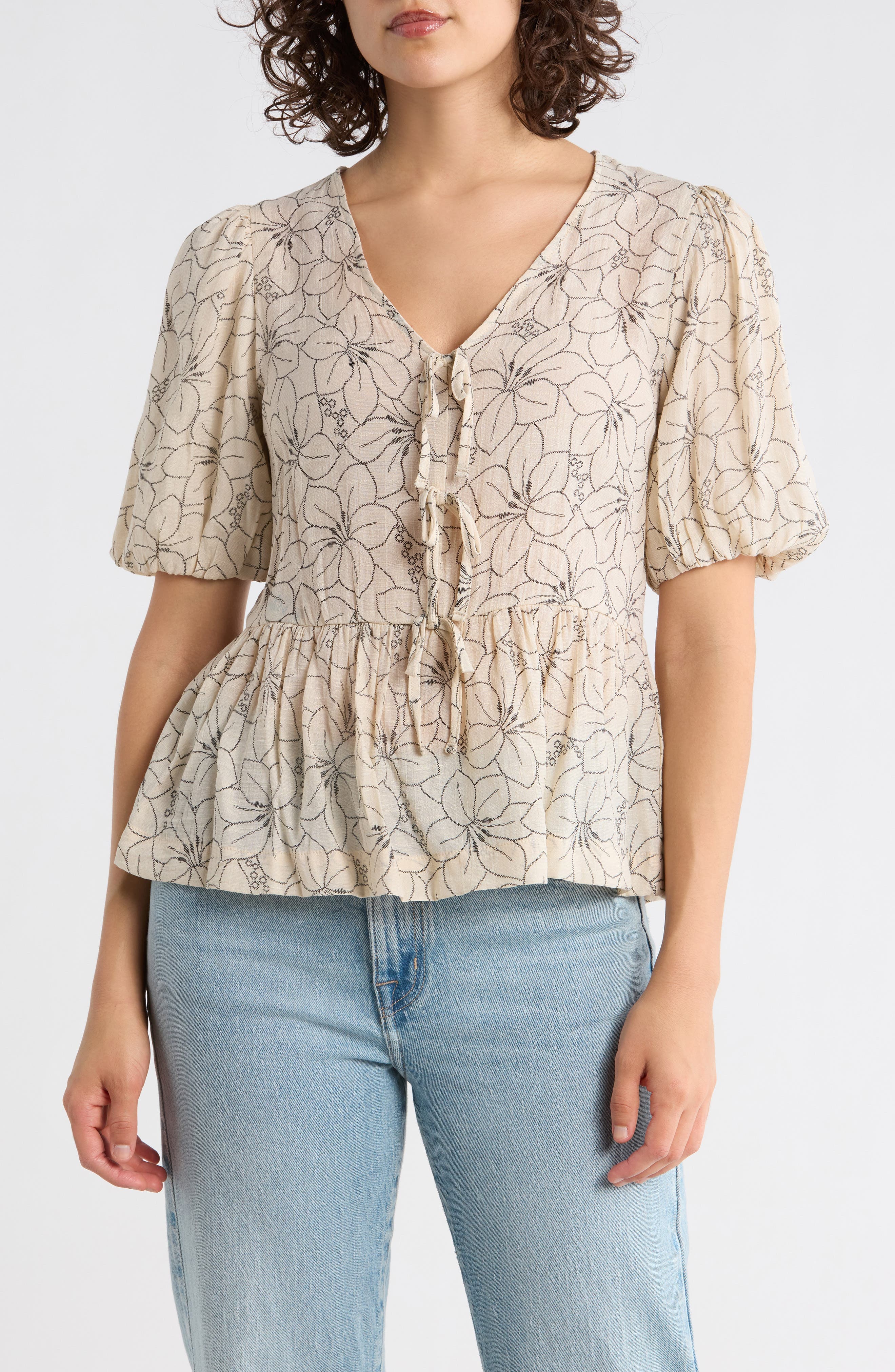 Print Tie Front Puff Sleeve Top - image 3