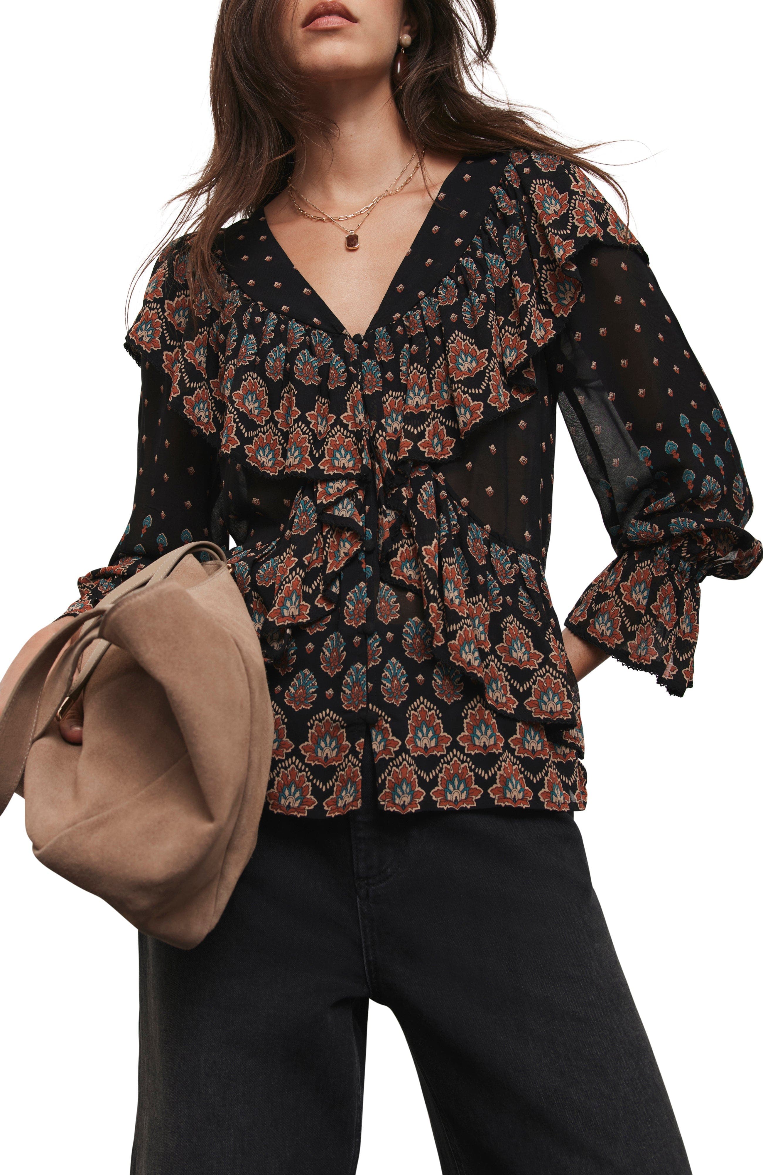 Retro Print Ruffle Blouse - image 1