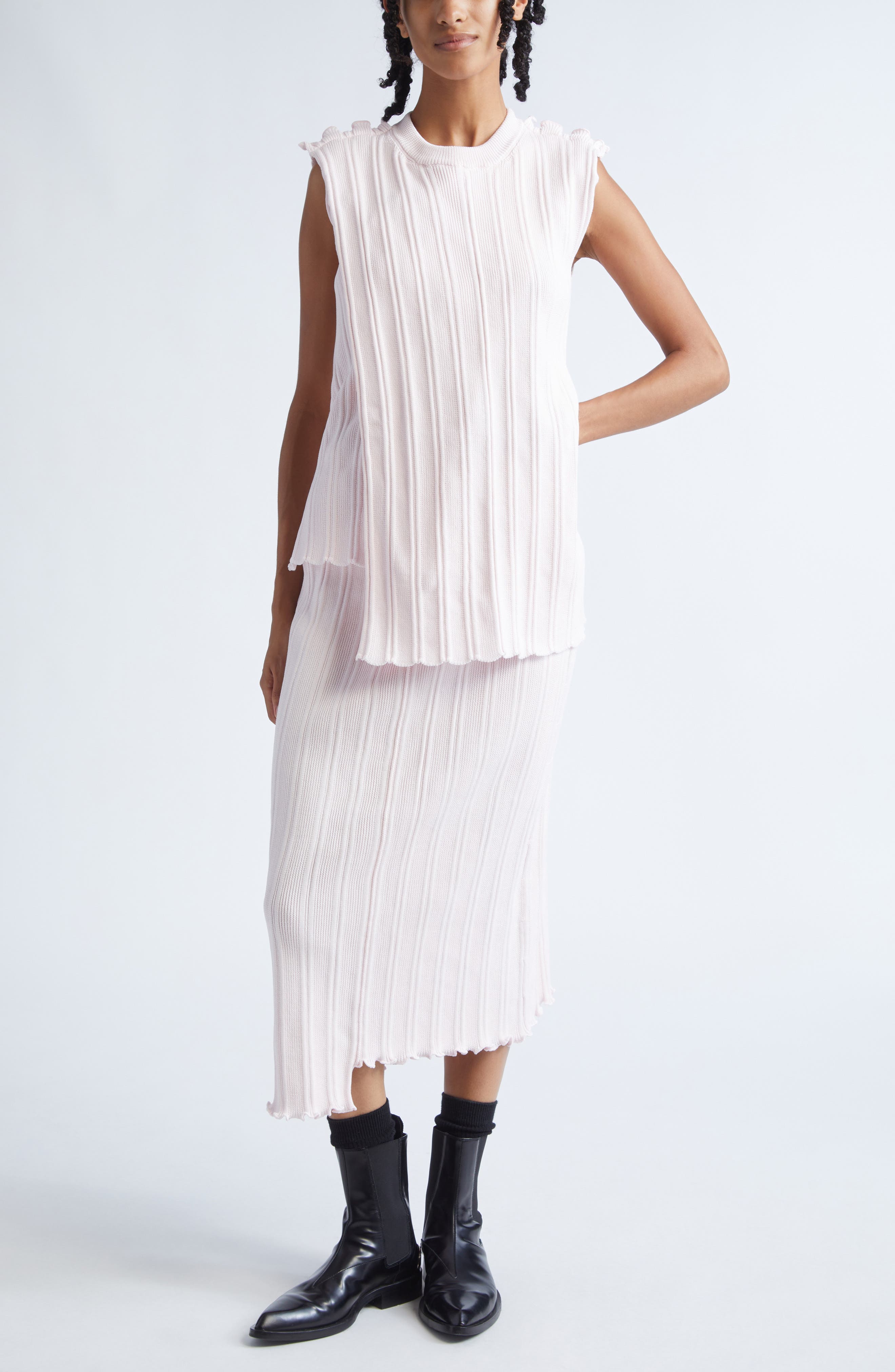 Asymmetric Cotton Rib Straight Midi Skirt - image 2