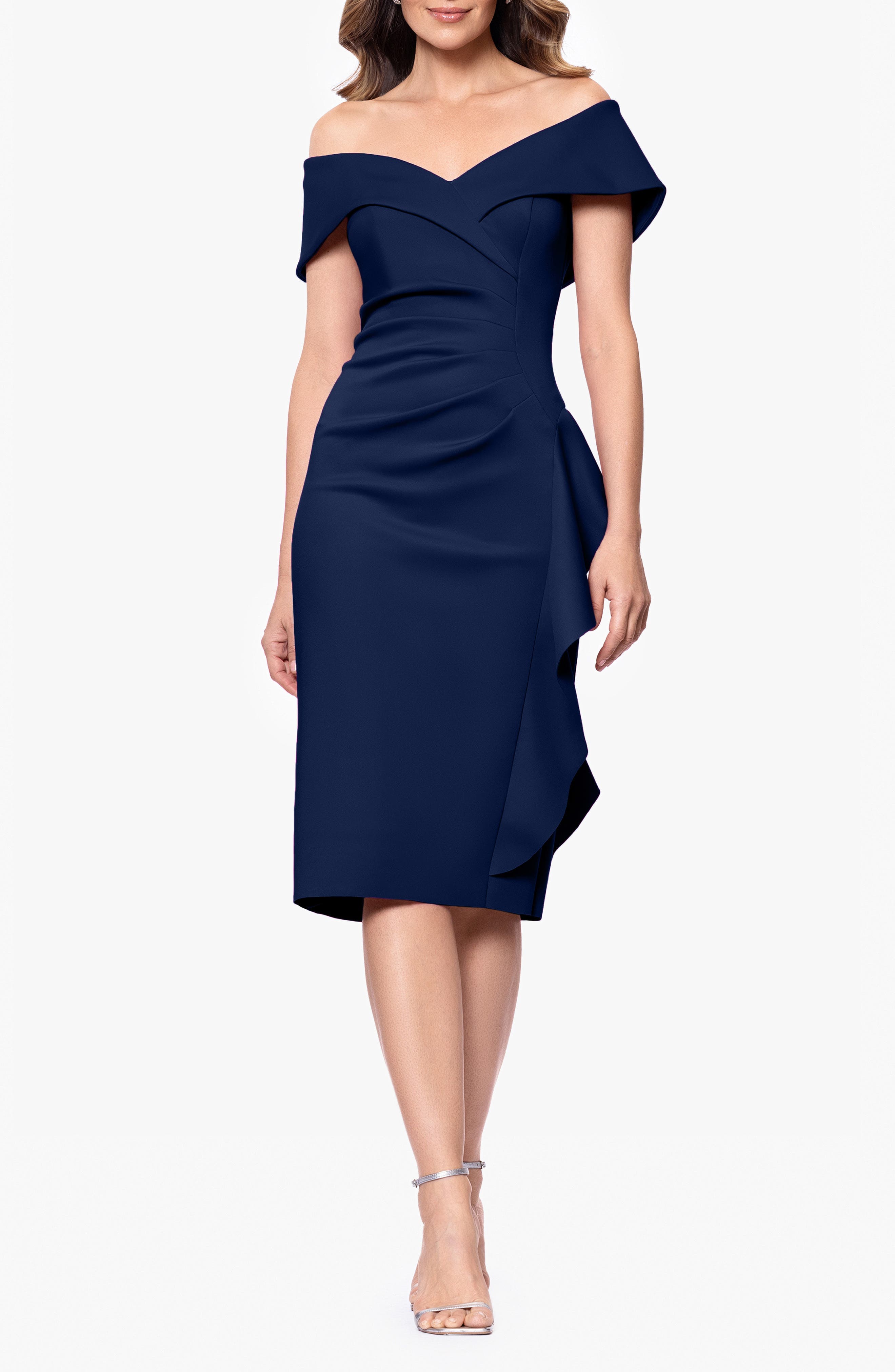 Cascade Ruffle Off the Shoulder Scuba Crepe Cocktail Midi Dress - image 1