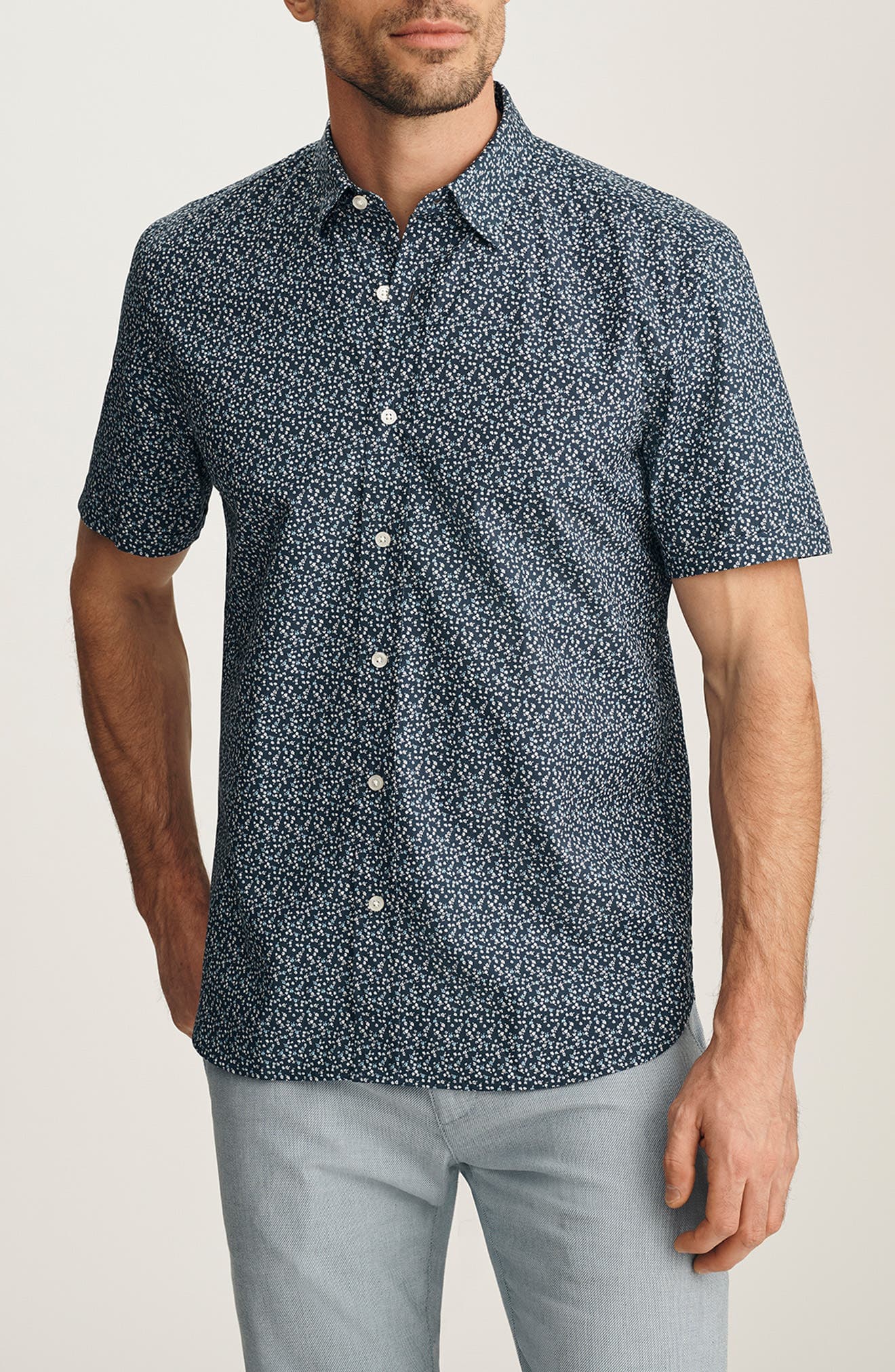 Floral Short Sleeve Stretch Luxe Twill Button-Up Shirt - image 1