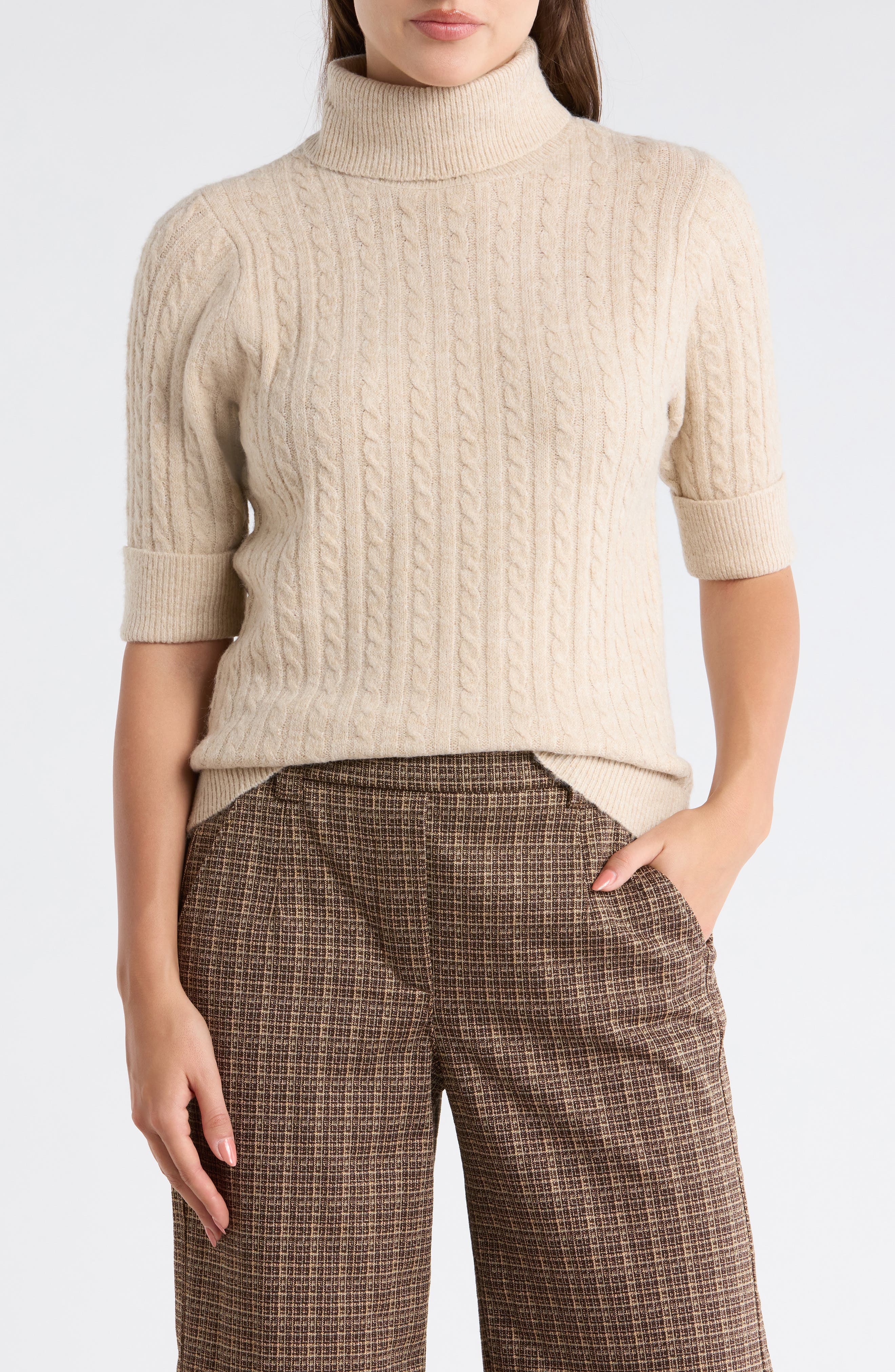 Cable Knit Elbow Sleeve Turtleneck Sweater - image 3