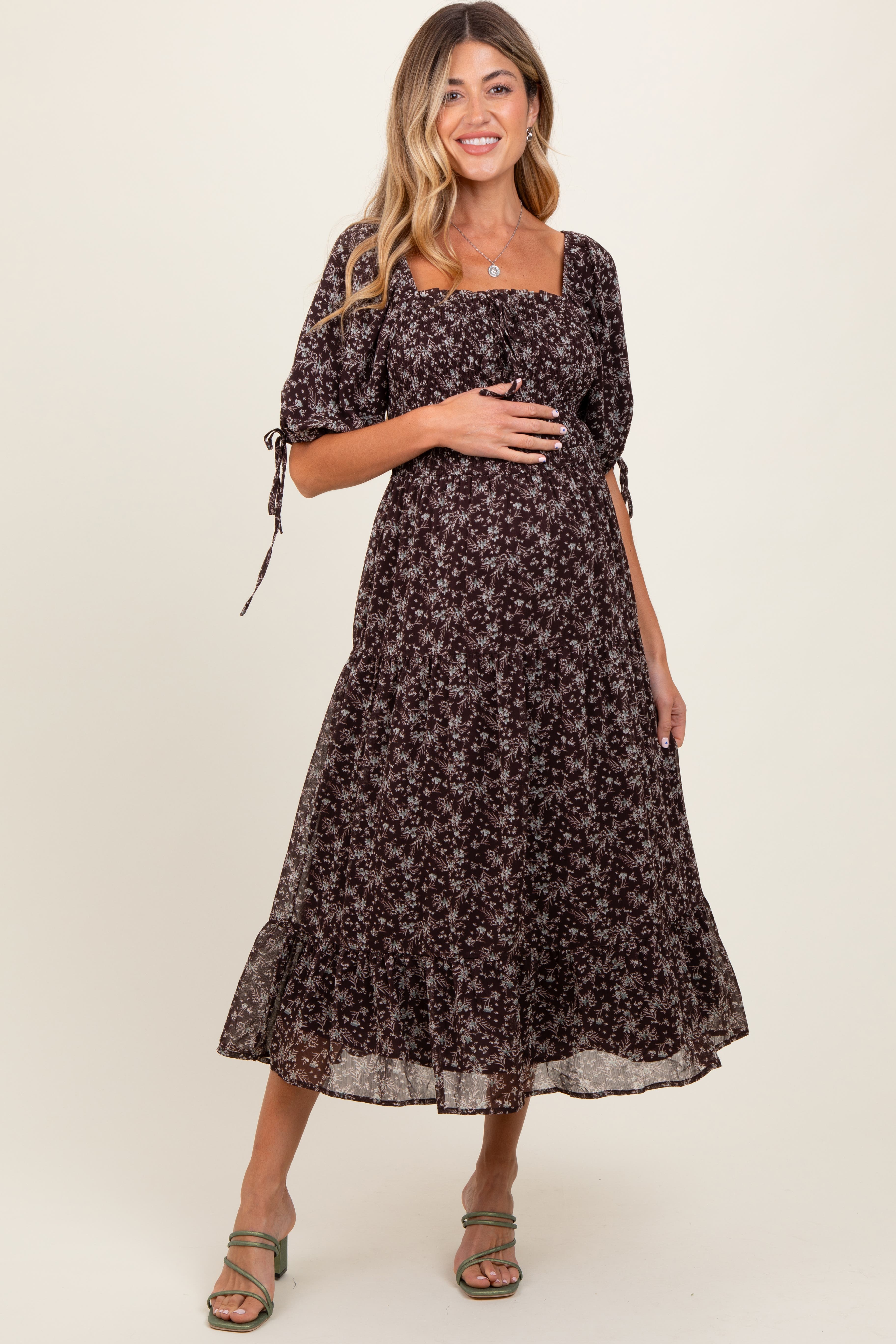 Floral Smocked Sleeve Tie Midi Dress - image 1