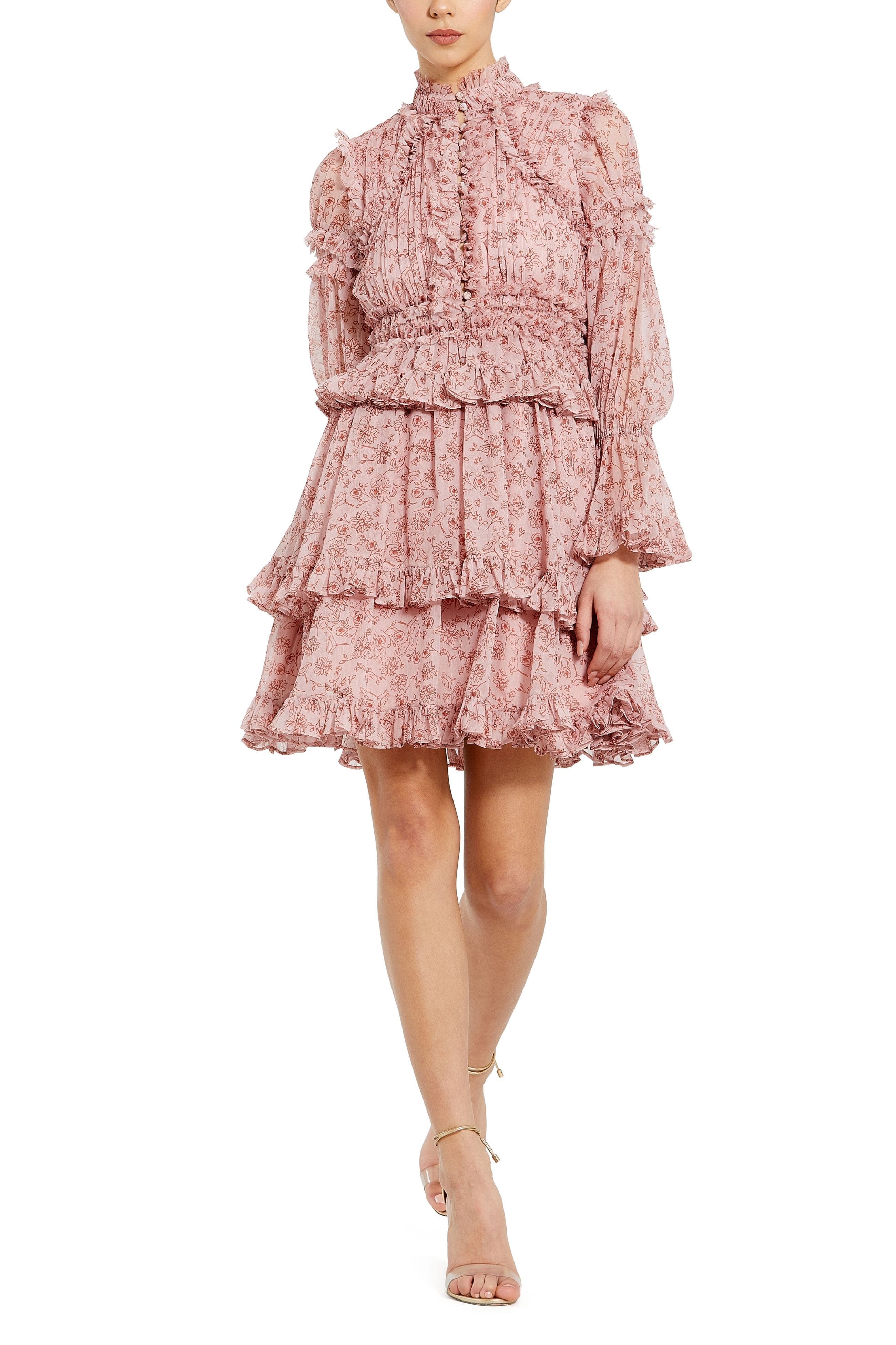 Long Sleeve Open Front High Neck Ruffle Mini Dress - image 1