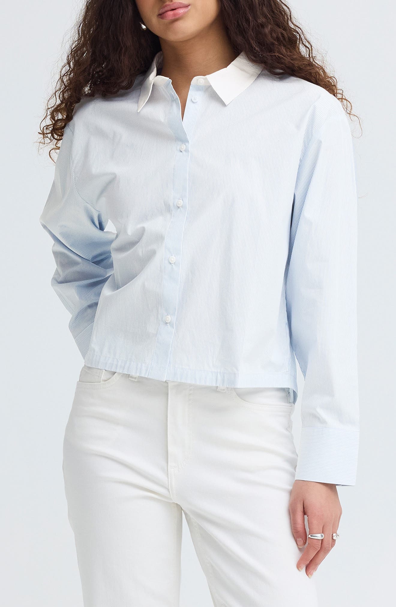 Stripe Split Hem Crop Cotton Button-Up Shirt - image 1