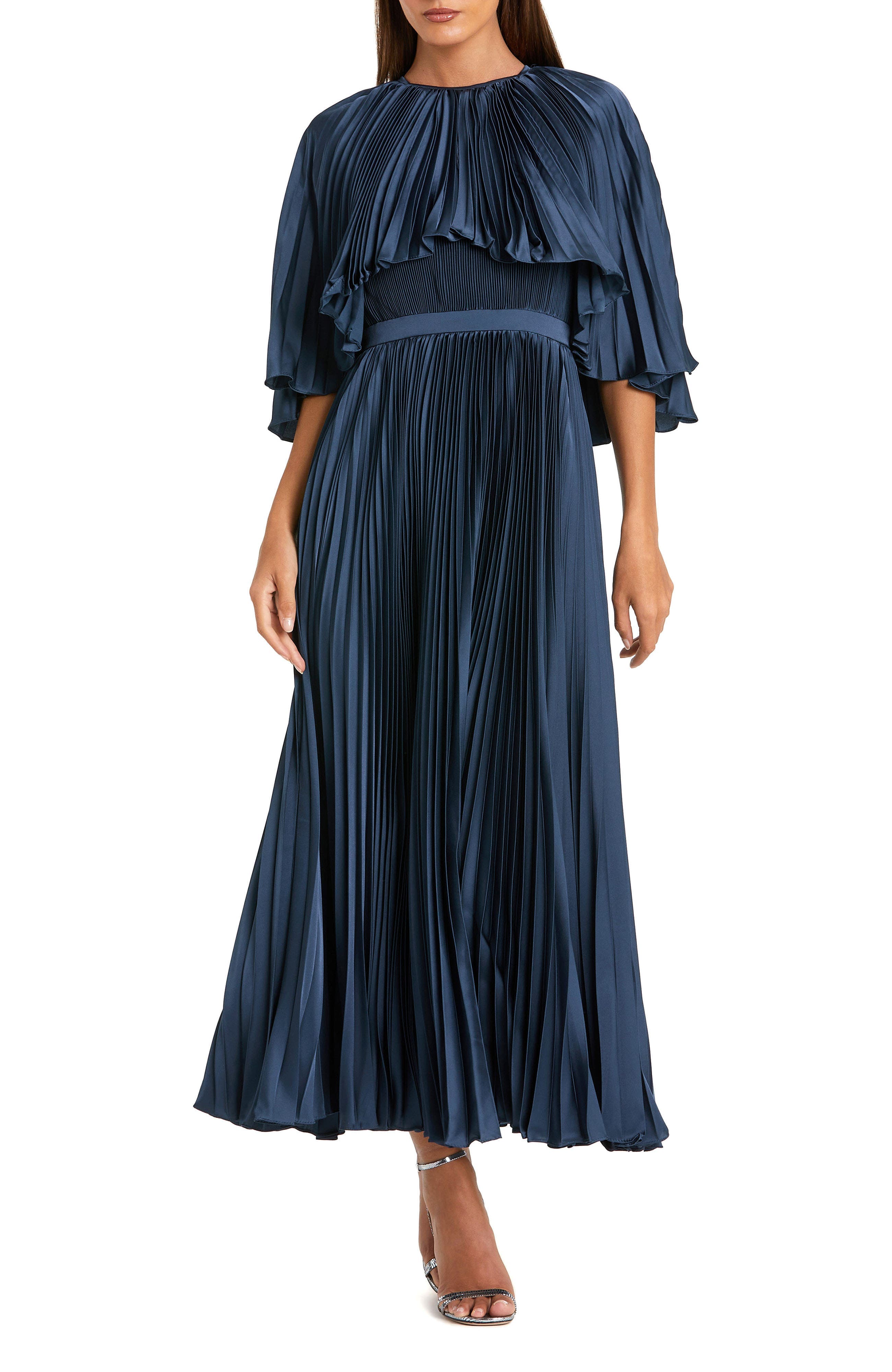 Pleated Capelet Tea-Length Dress - image 1