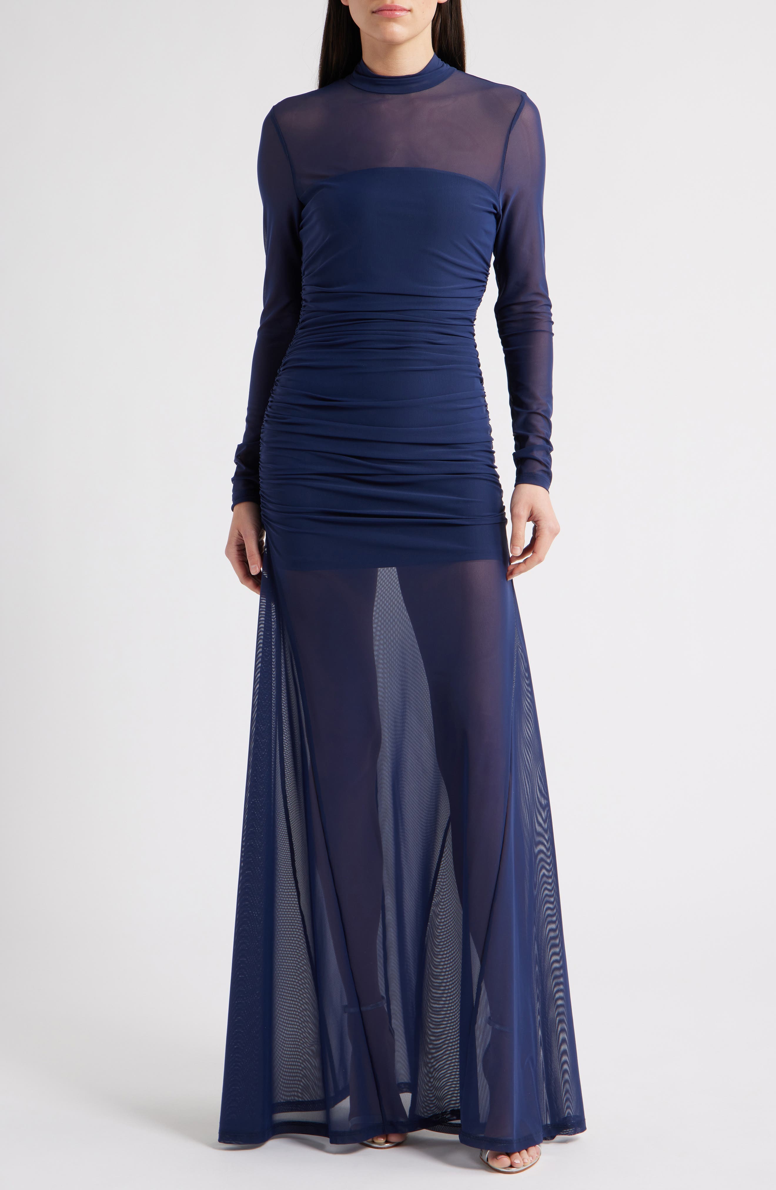 Elvira Long Sleeve Gathered Mesh Evening Gown - image 1