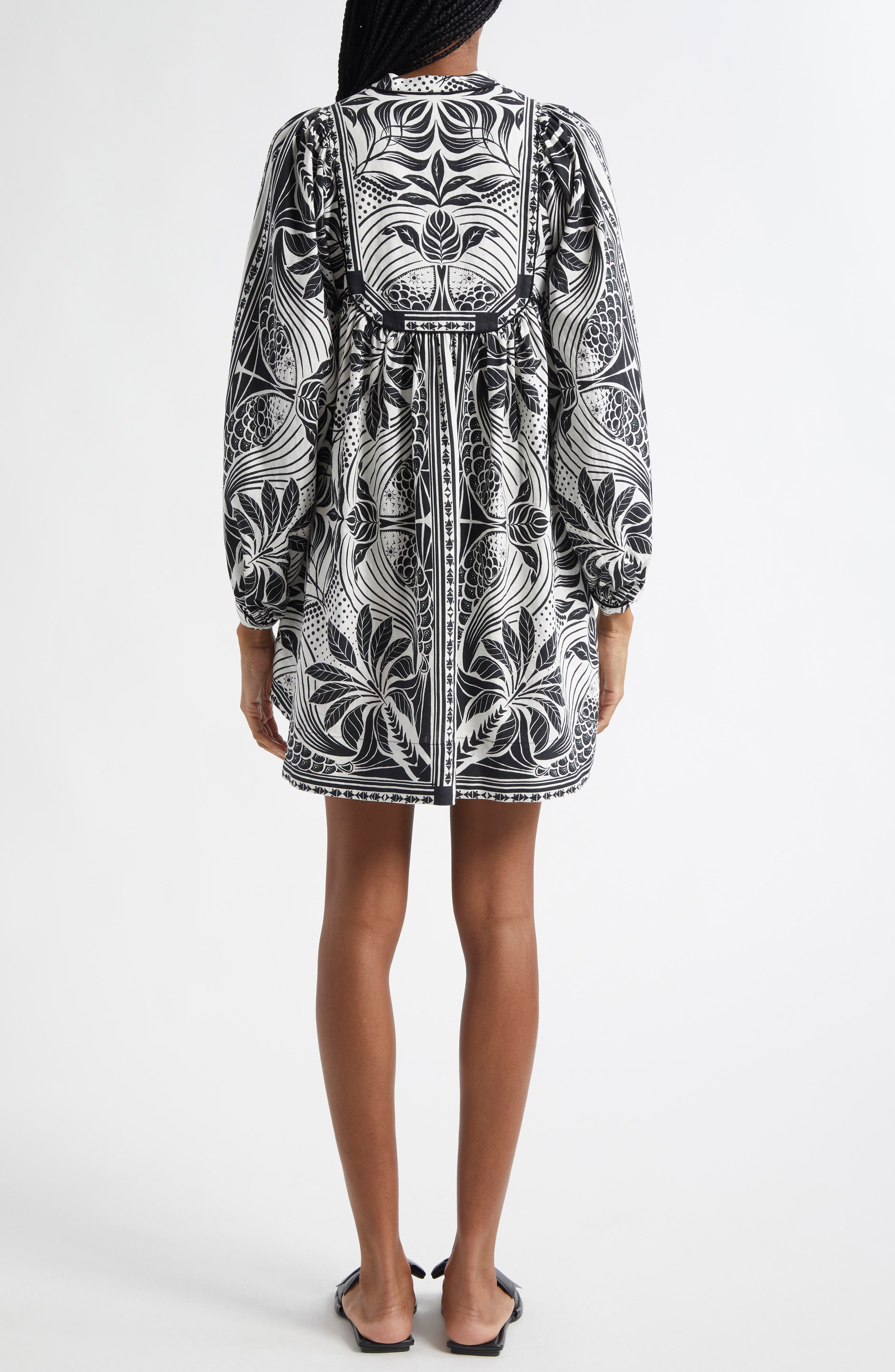 Monochrome Elegance Scarf Print Long Sleeve Linen Blend Minidress - image 2