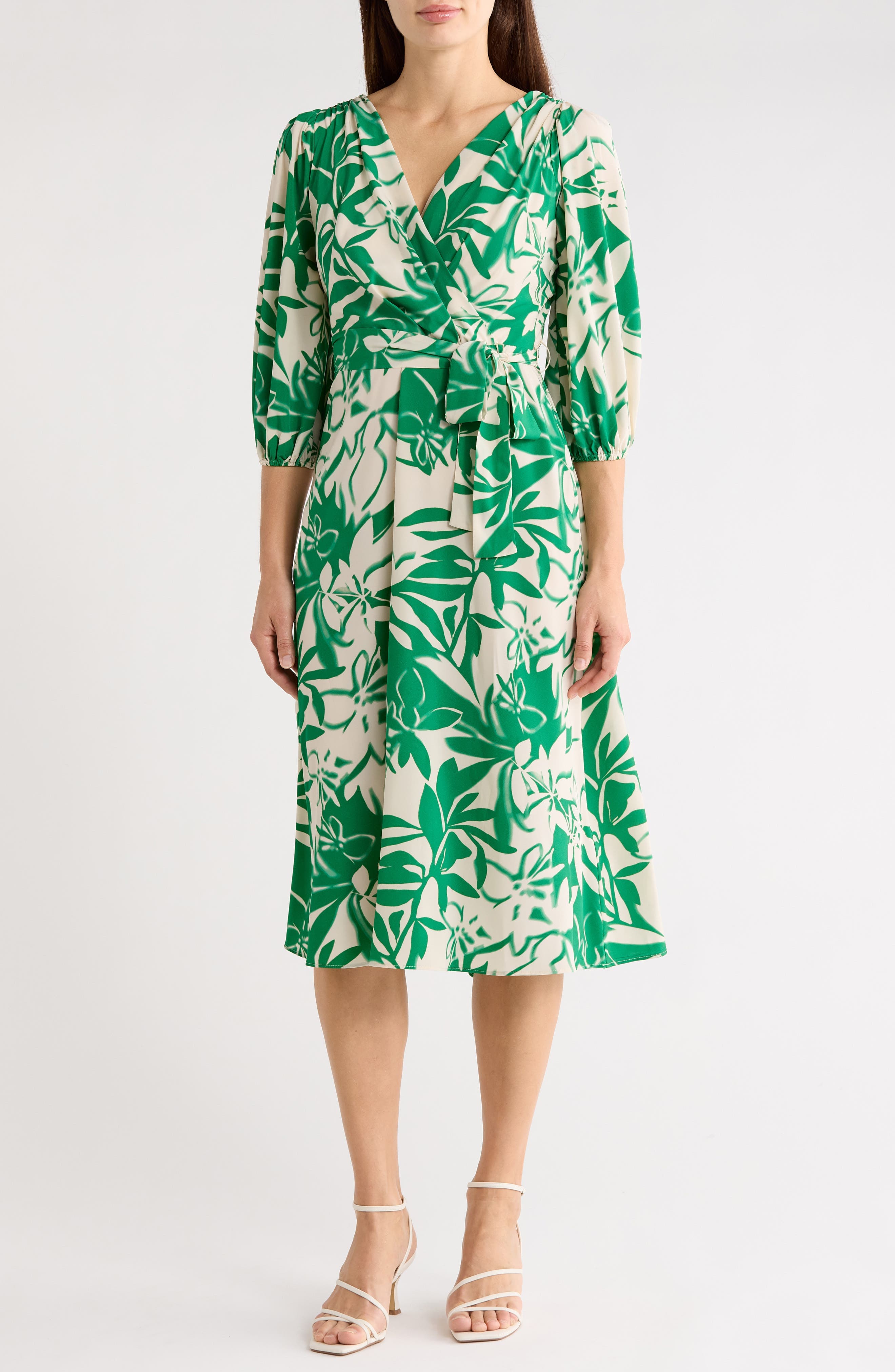 Balloon Sleeve Faux Wrap Midi Dress - image 1