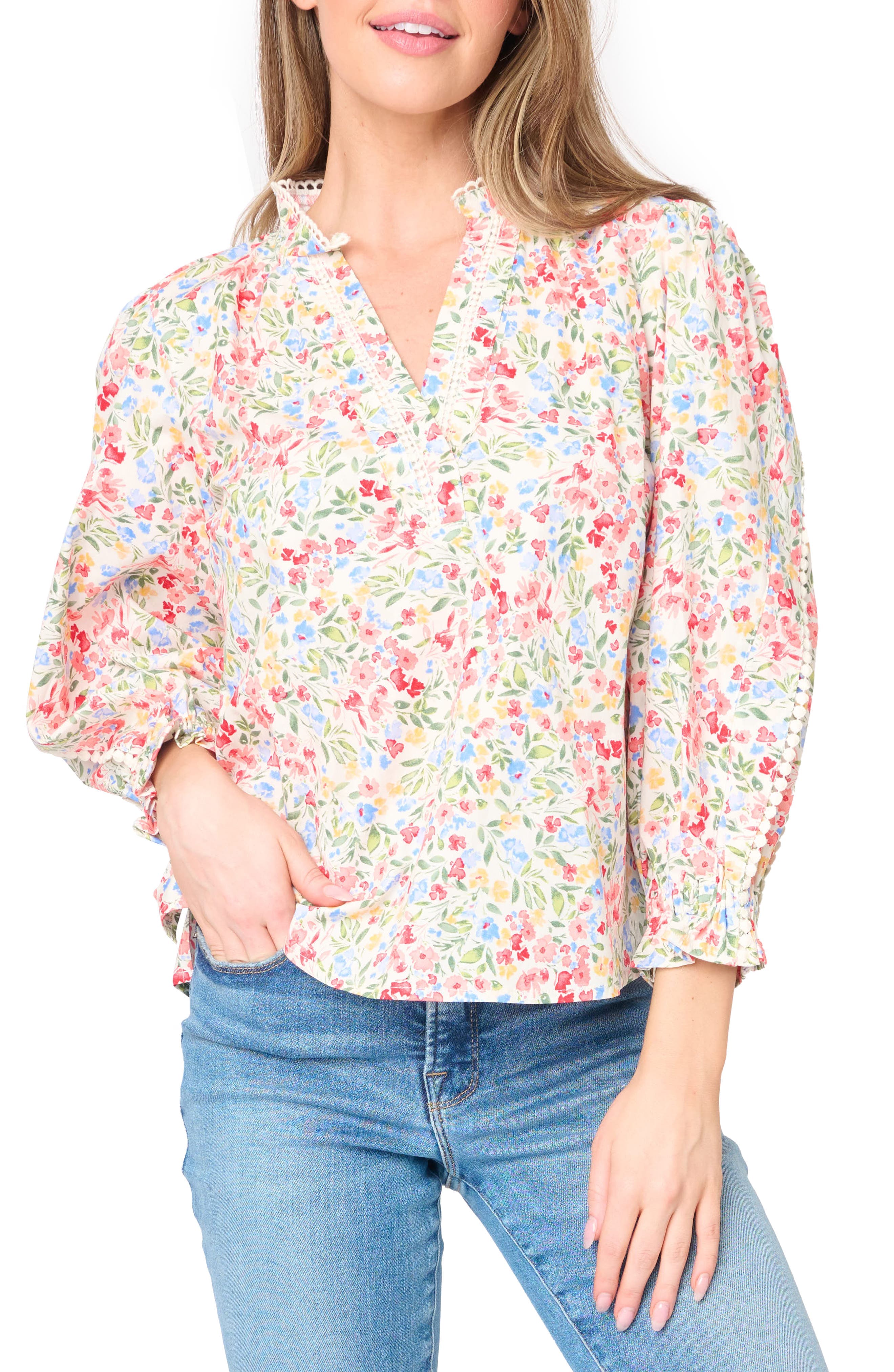 Aria Floral Lantern Sleeve Poplin Top - image 1