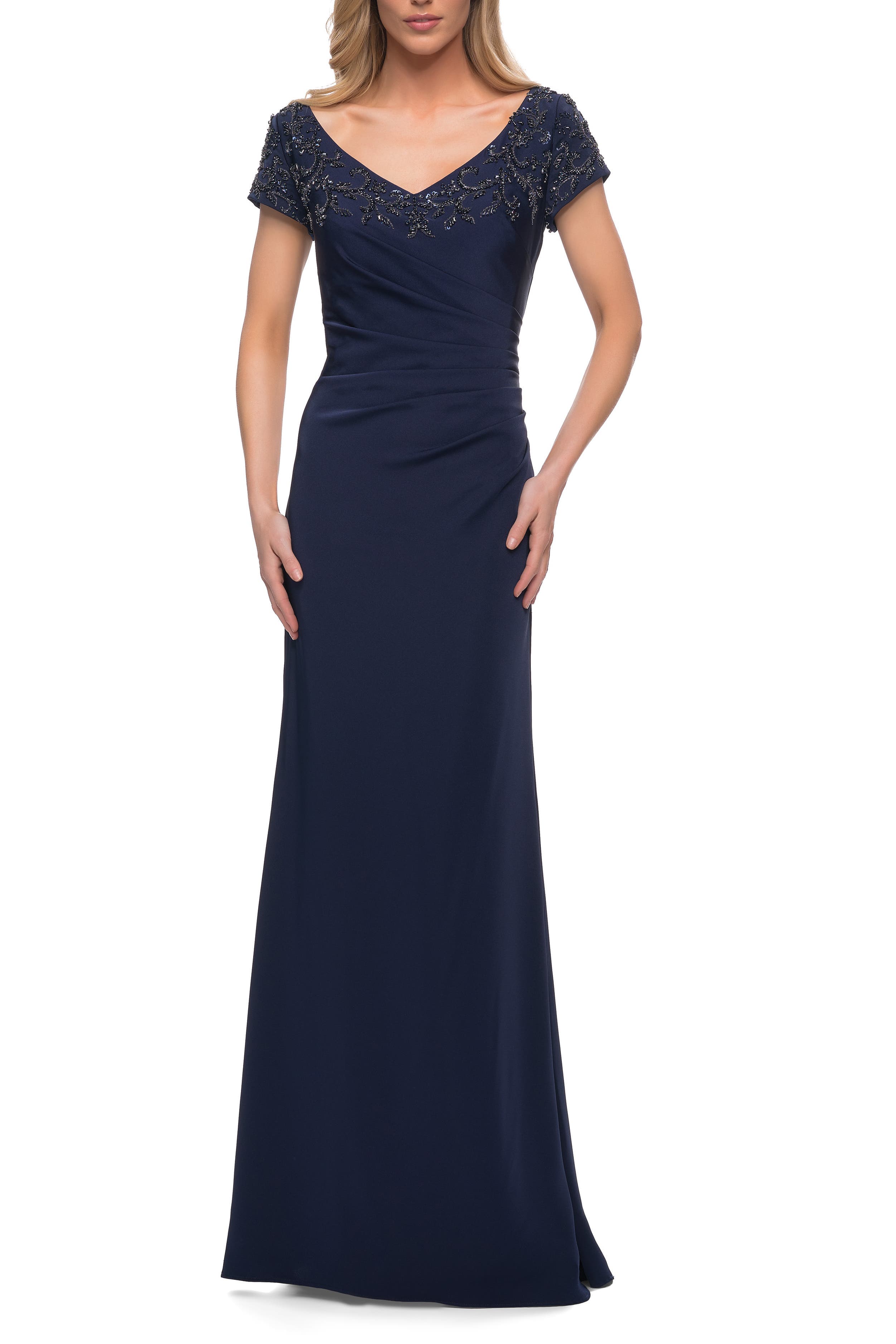 Short Sleeve Evening Dress with Beaded Neckline - image 3