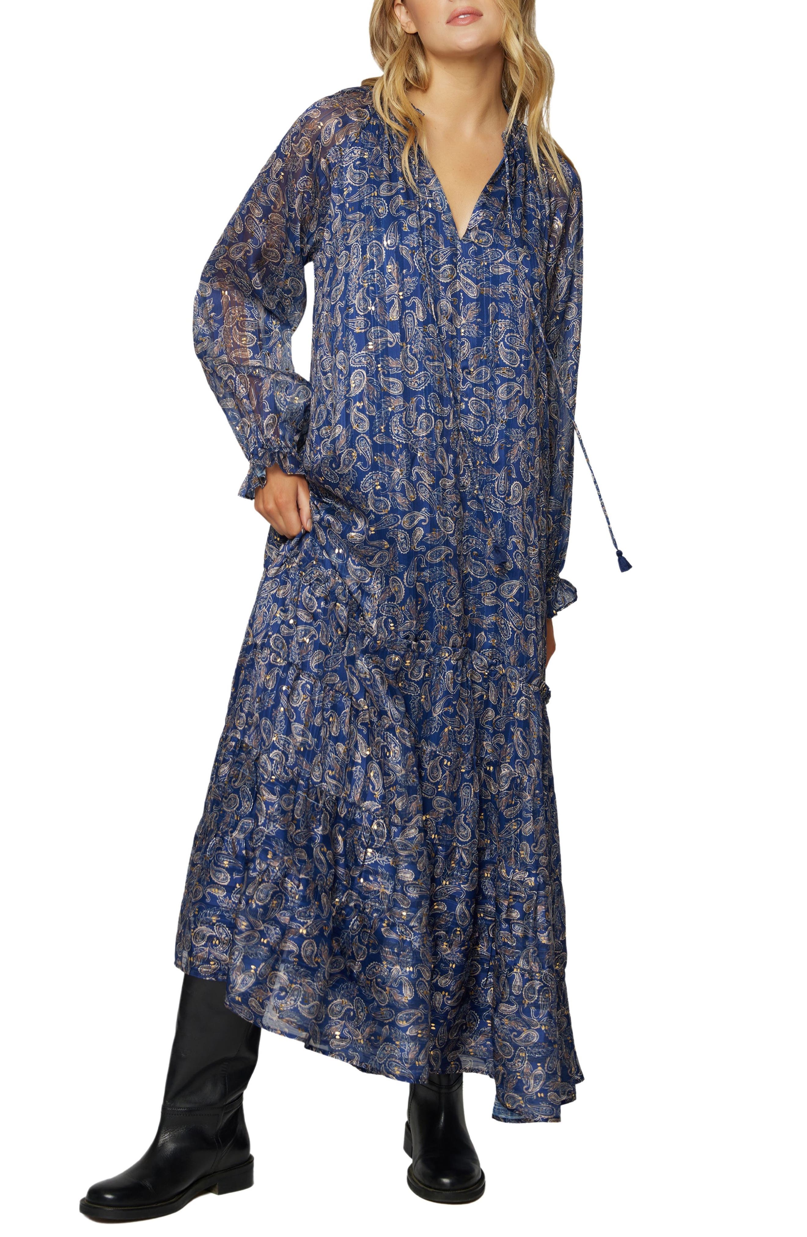 Wish Upon Paisley Print Split Neck Long Sleeve Maxi Dress - image 1