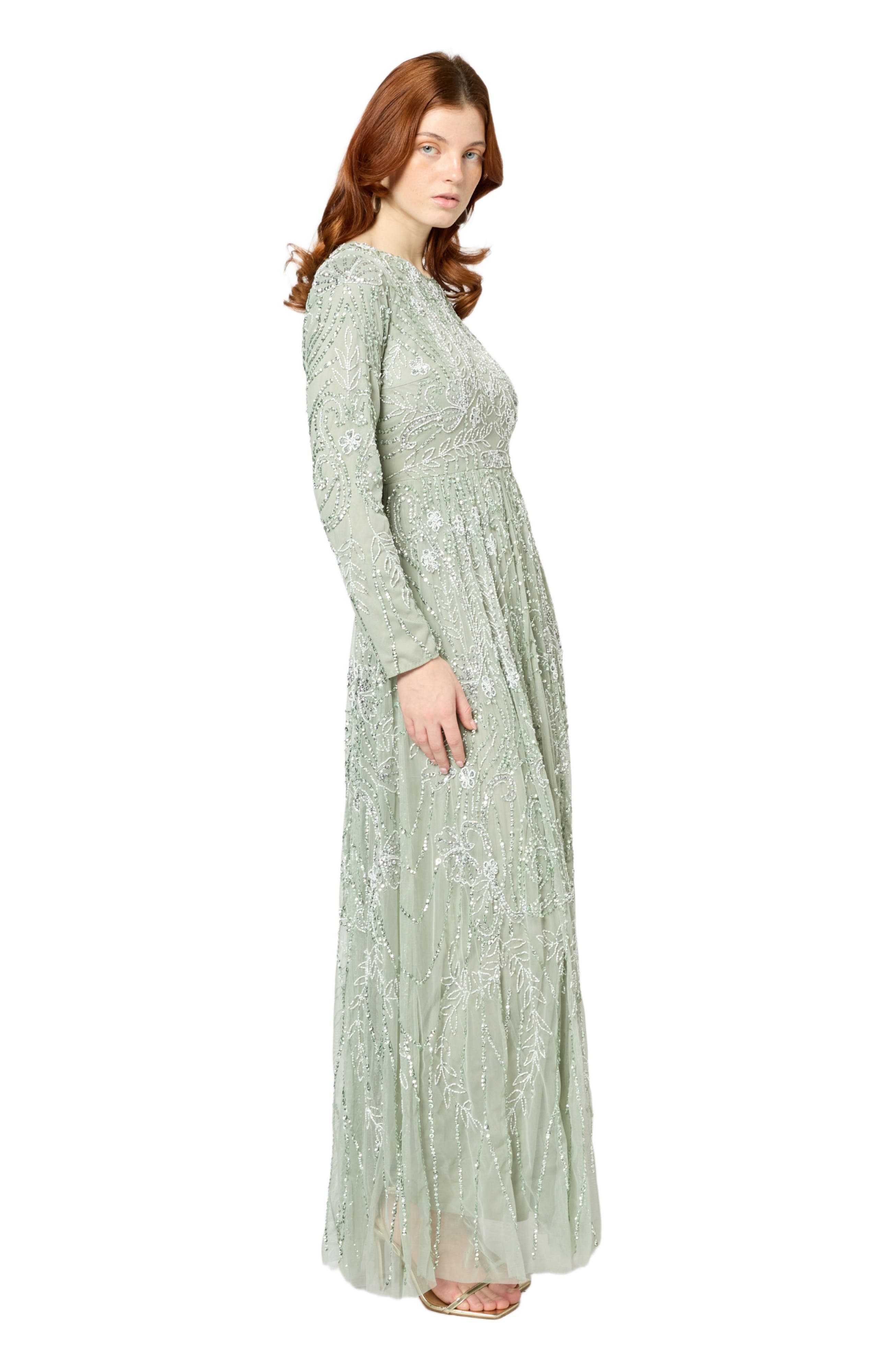 Occasion Modest Embellished Sequin Beaded Floral High Neck Evening Gown - image 2