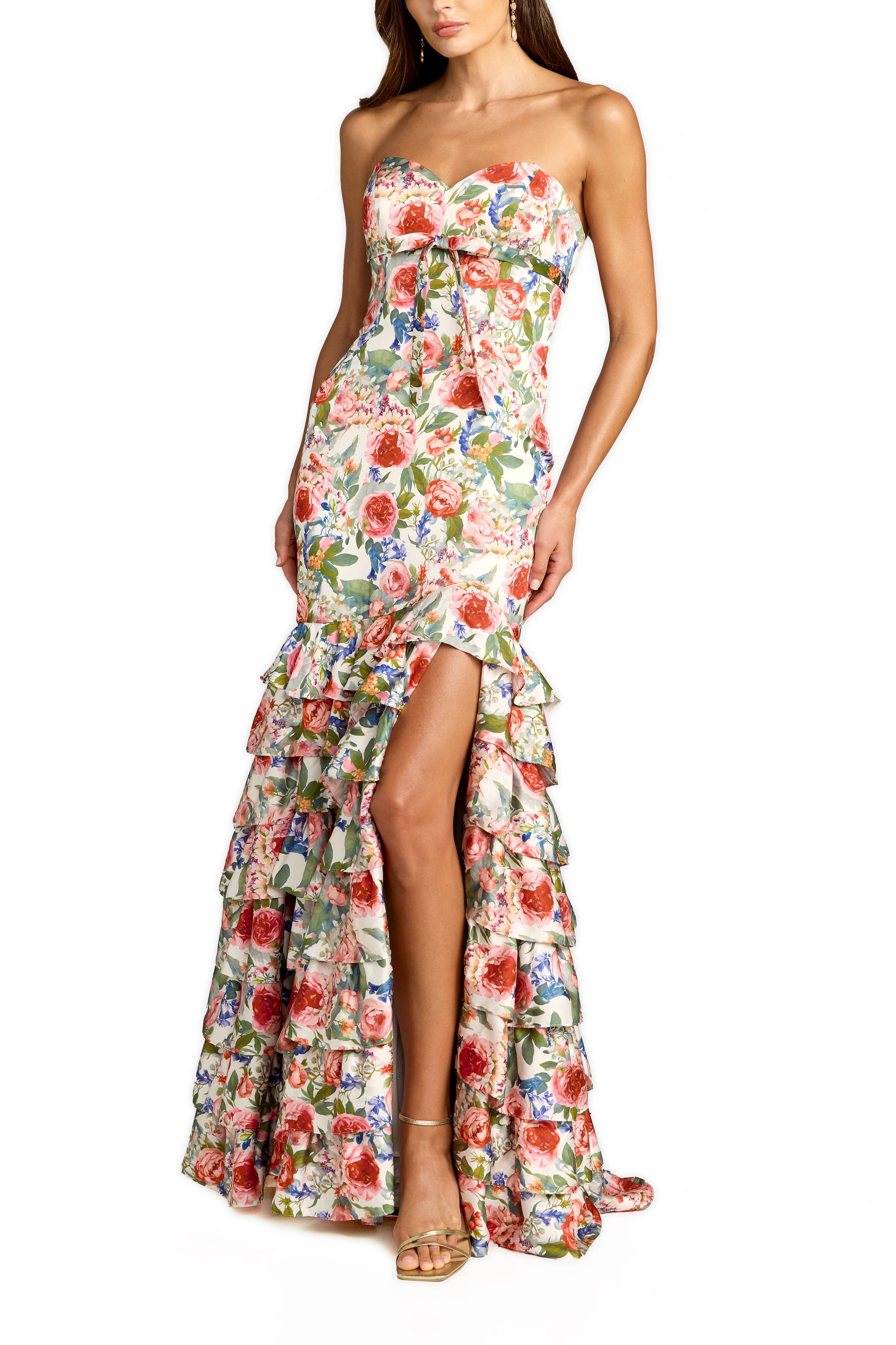 Strapless Floral Charmeuse Ruffle A Line Gown - image 1