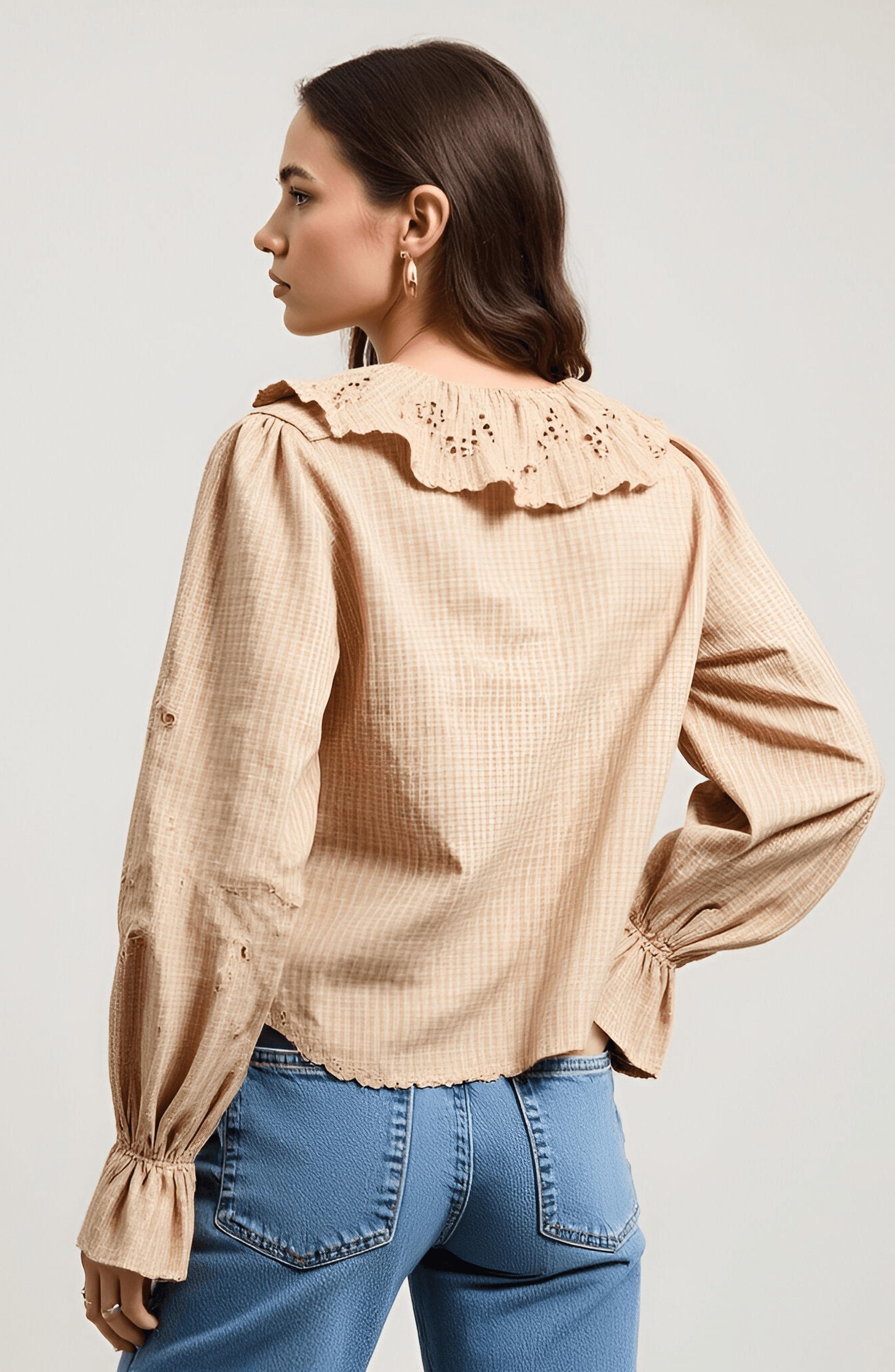 Embroidered Scallop Trim Ruffle Collar Long Sleeve Blouse - image 2