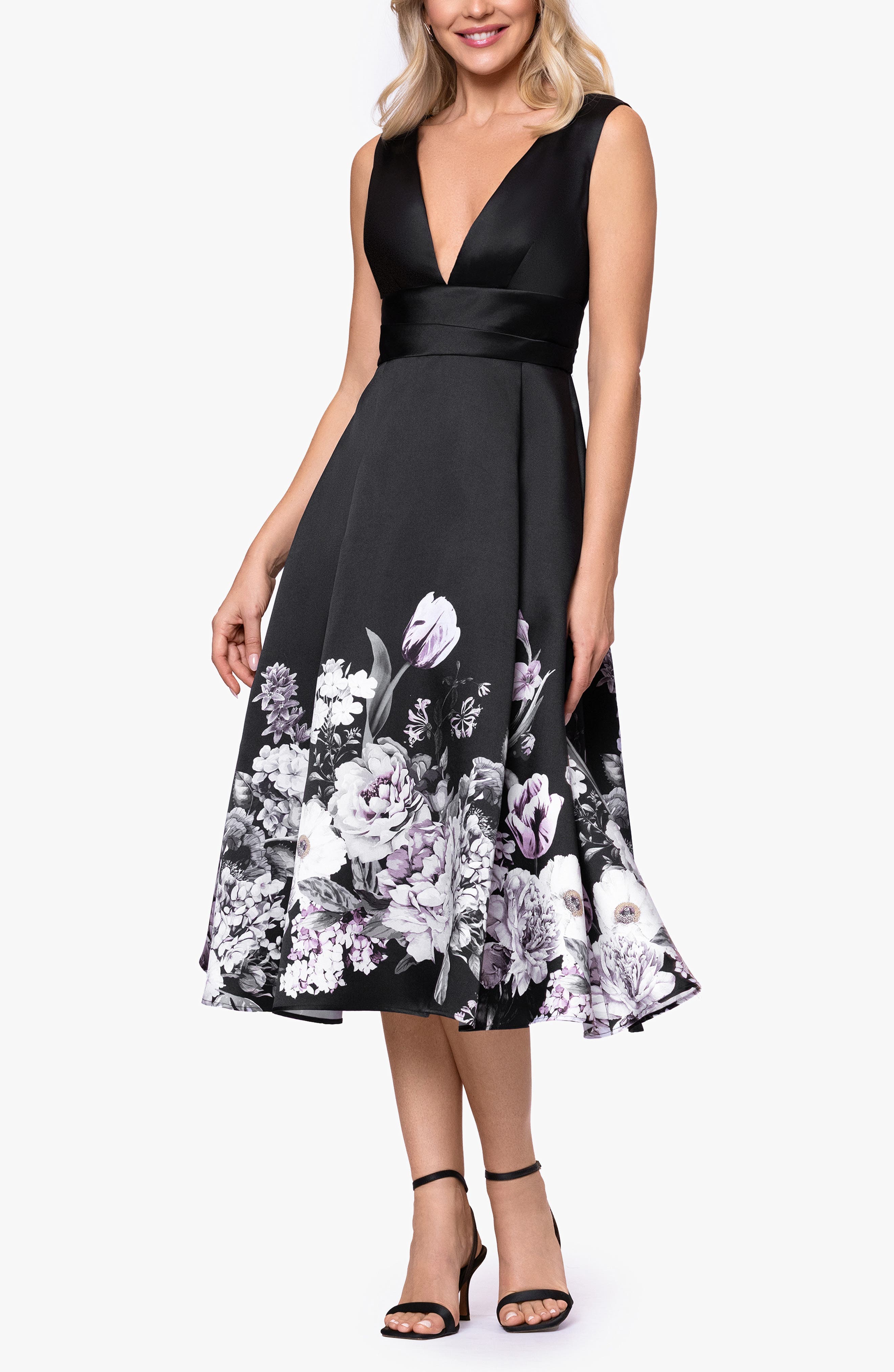 Floral Border Plunge Neck Cocktail Midi Dress - image 1