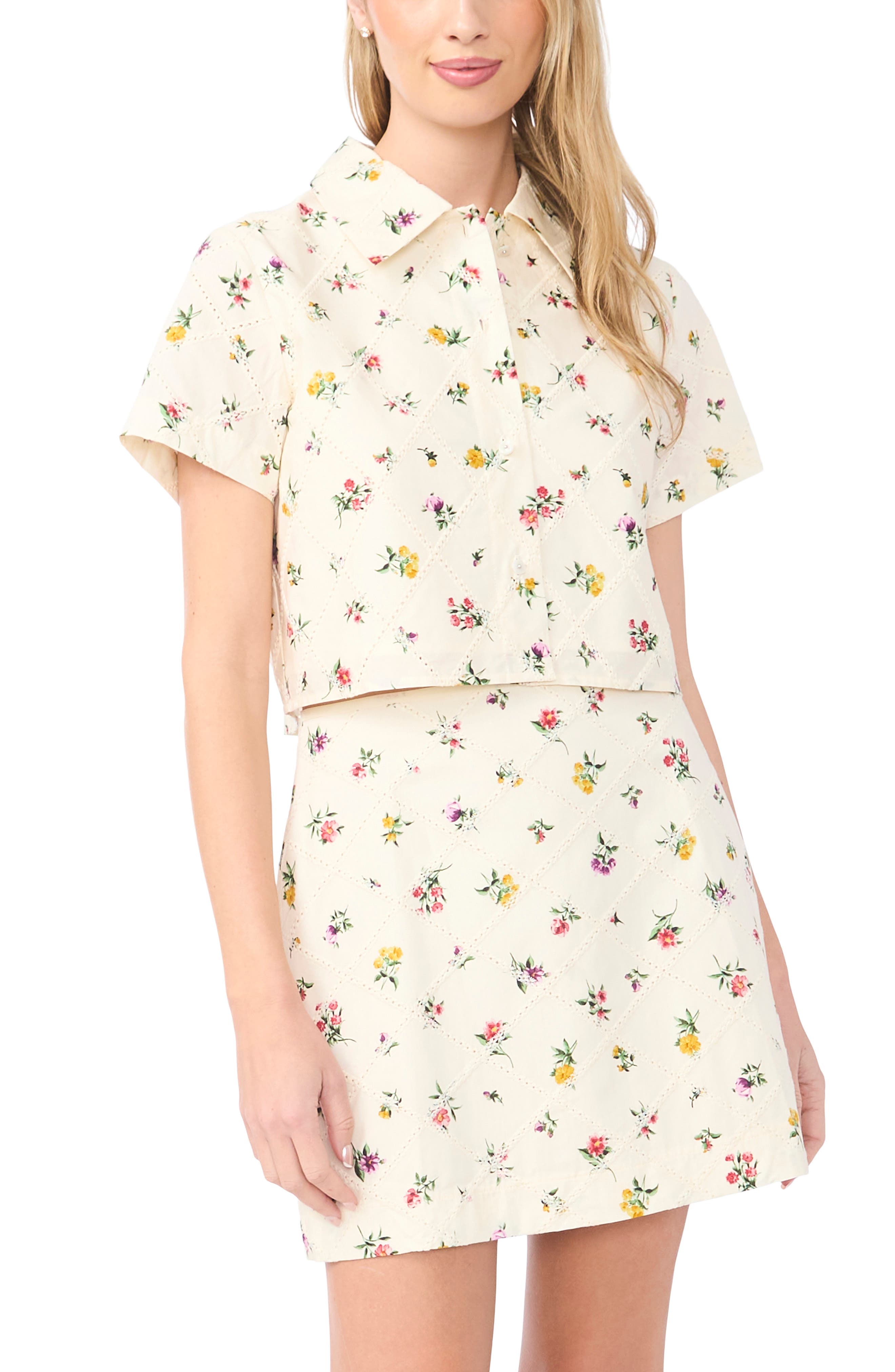 Liz Floral Eyelet Button-Up Crop Top - image 1