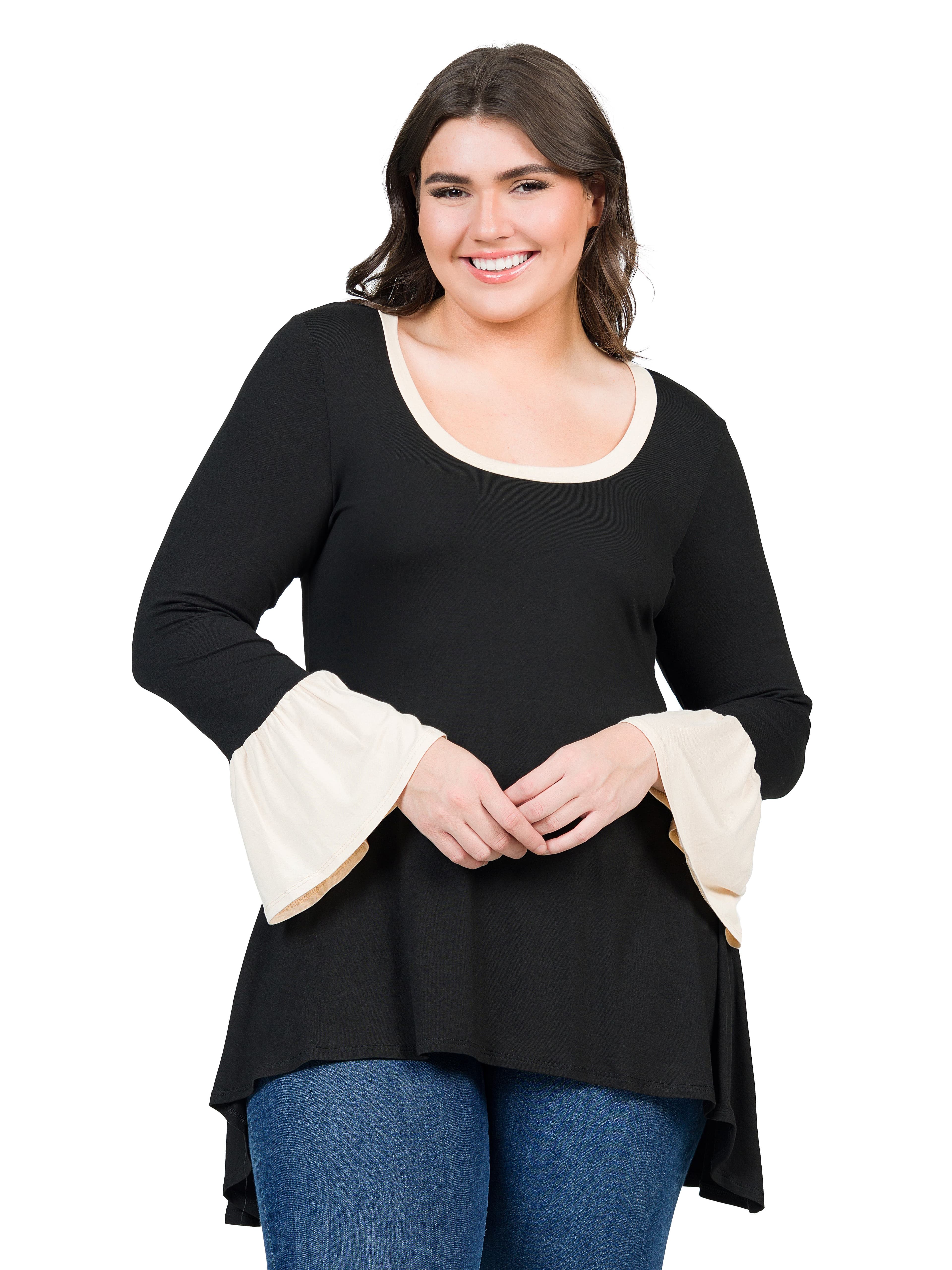 Plus Size Black and Beige Bell Sleeve Hi Low  Tunic Top - image 1