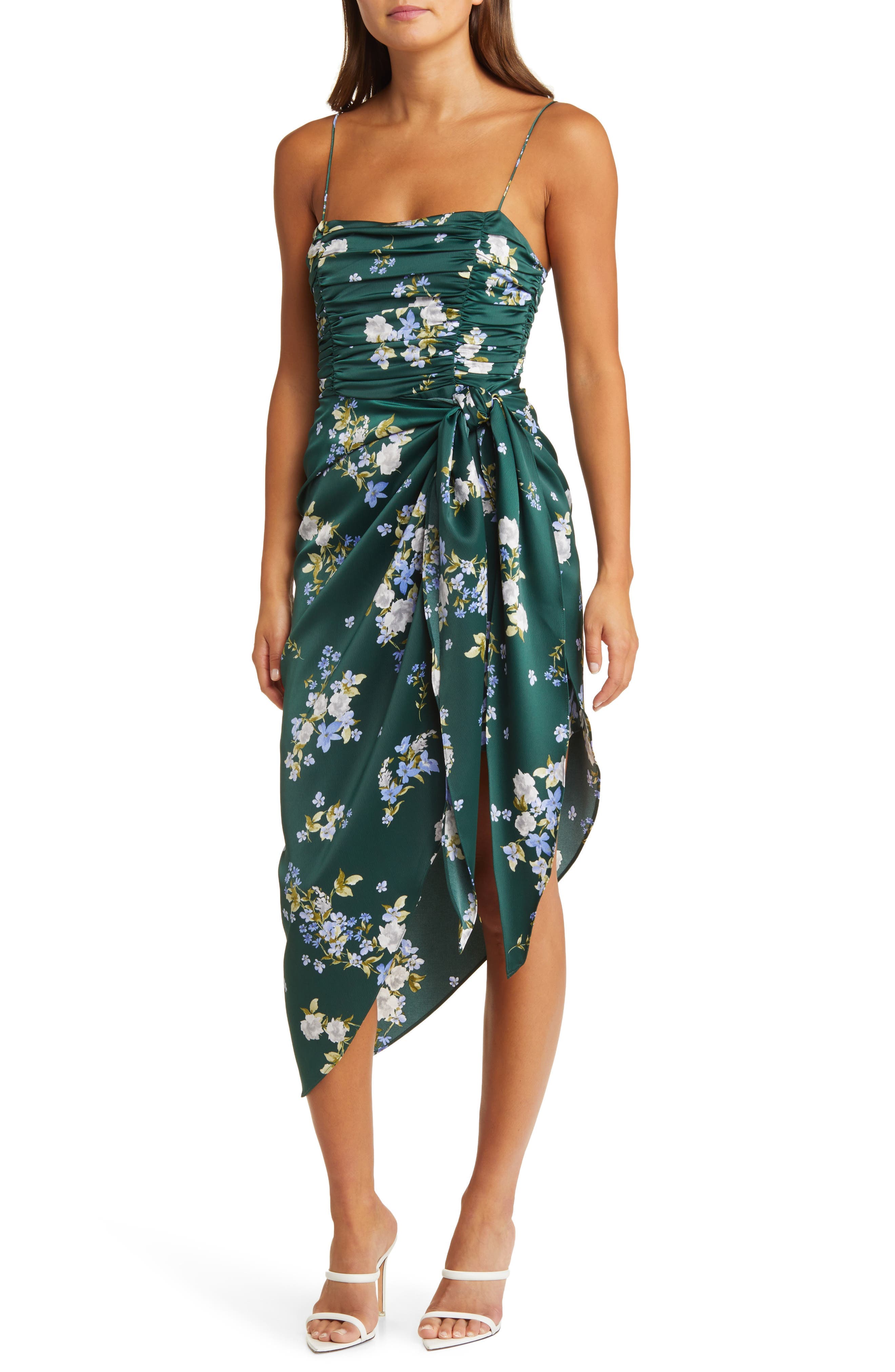 Ruched Bodice Satin Midi Dress - image 1