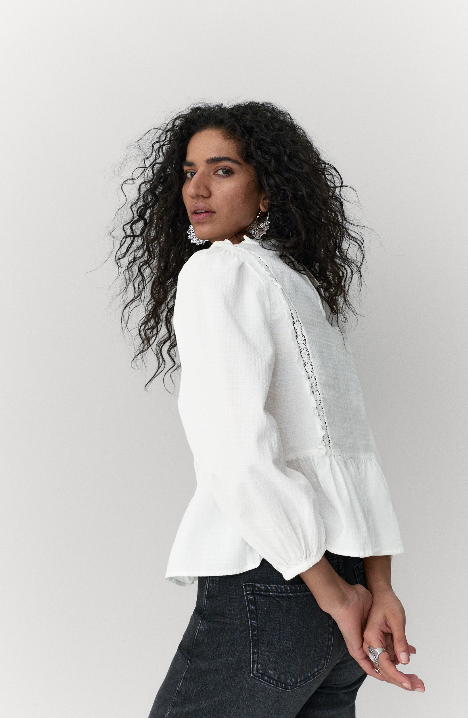 Pleated Ruffle Trim Cotton Peplum Top - image 2