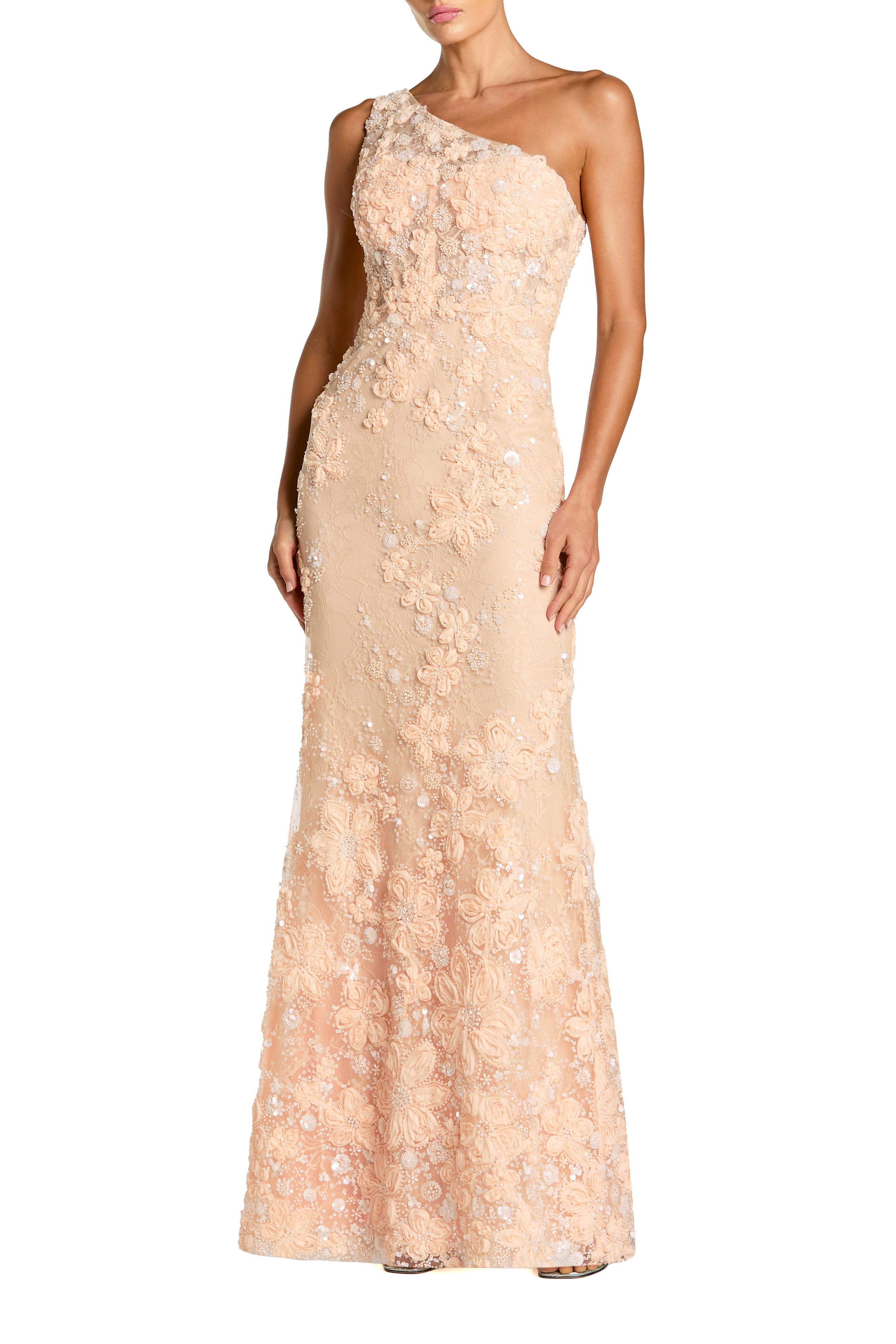 One Shoulder Floral Embroidered Column Gown - image 1