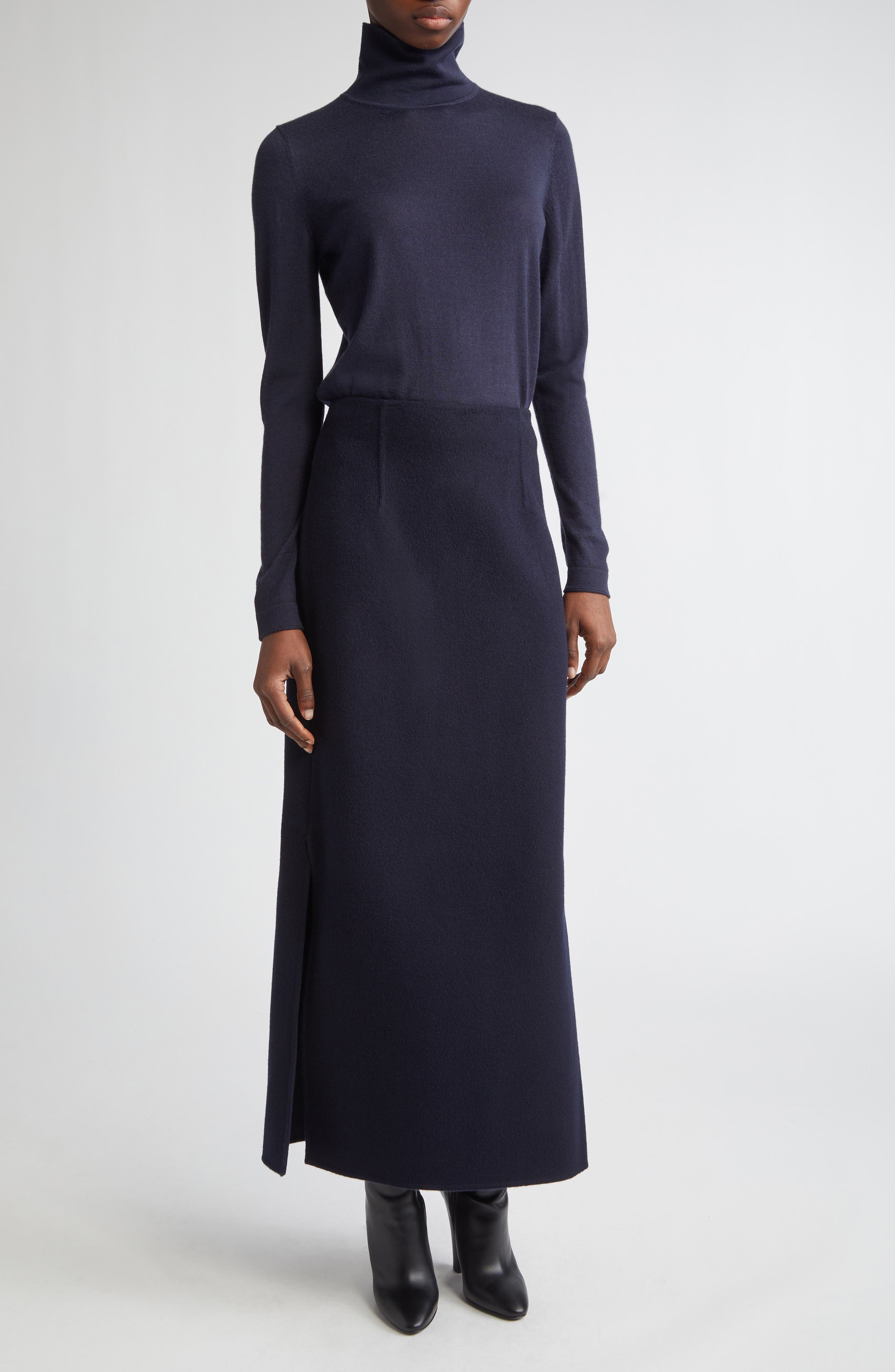 High Waist Side Slit Wool & Cashmere A-Line Maxi Skirt - image 2