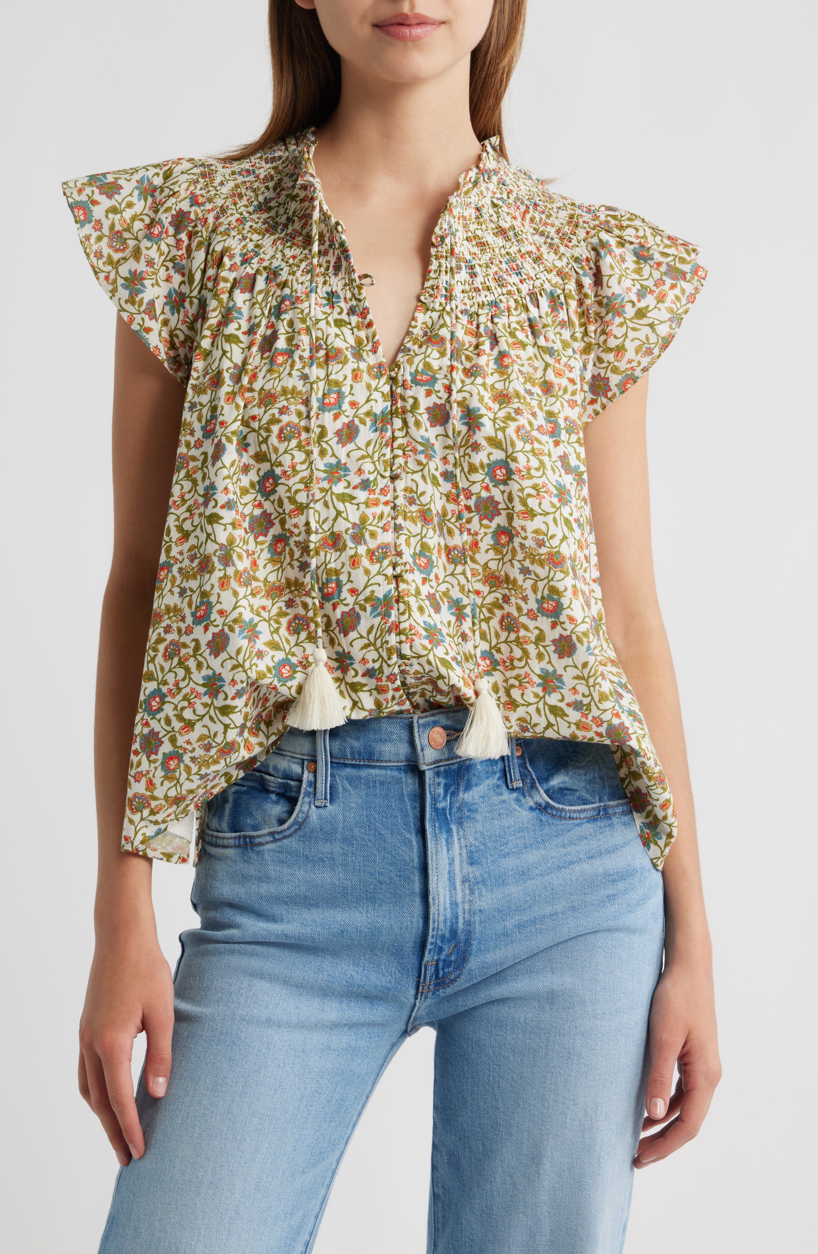 Dira Smocked Tassel Tie Organic Cotton Top - image 1