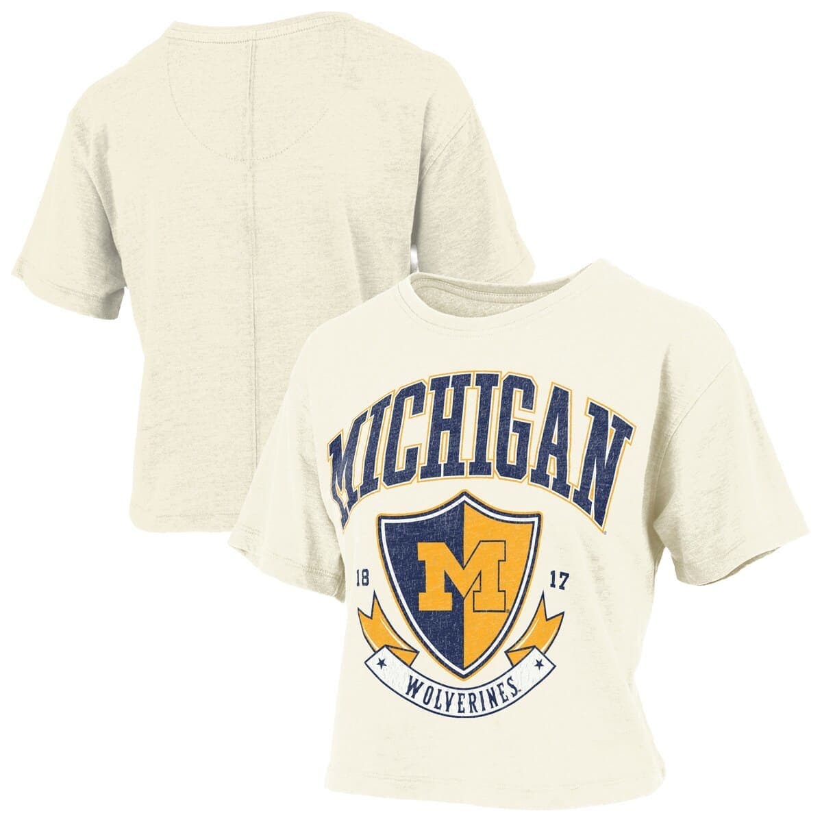 Women's Pressbox Cream Michigan Wolverines Buckler Vintage Cropped T-Shirt - image 1