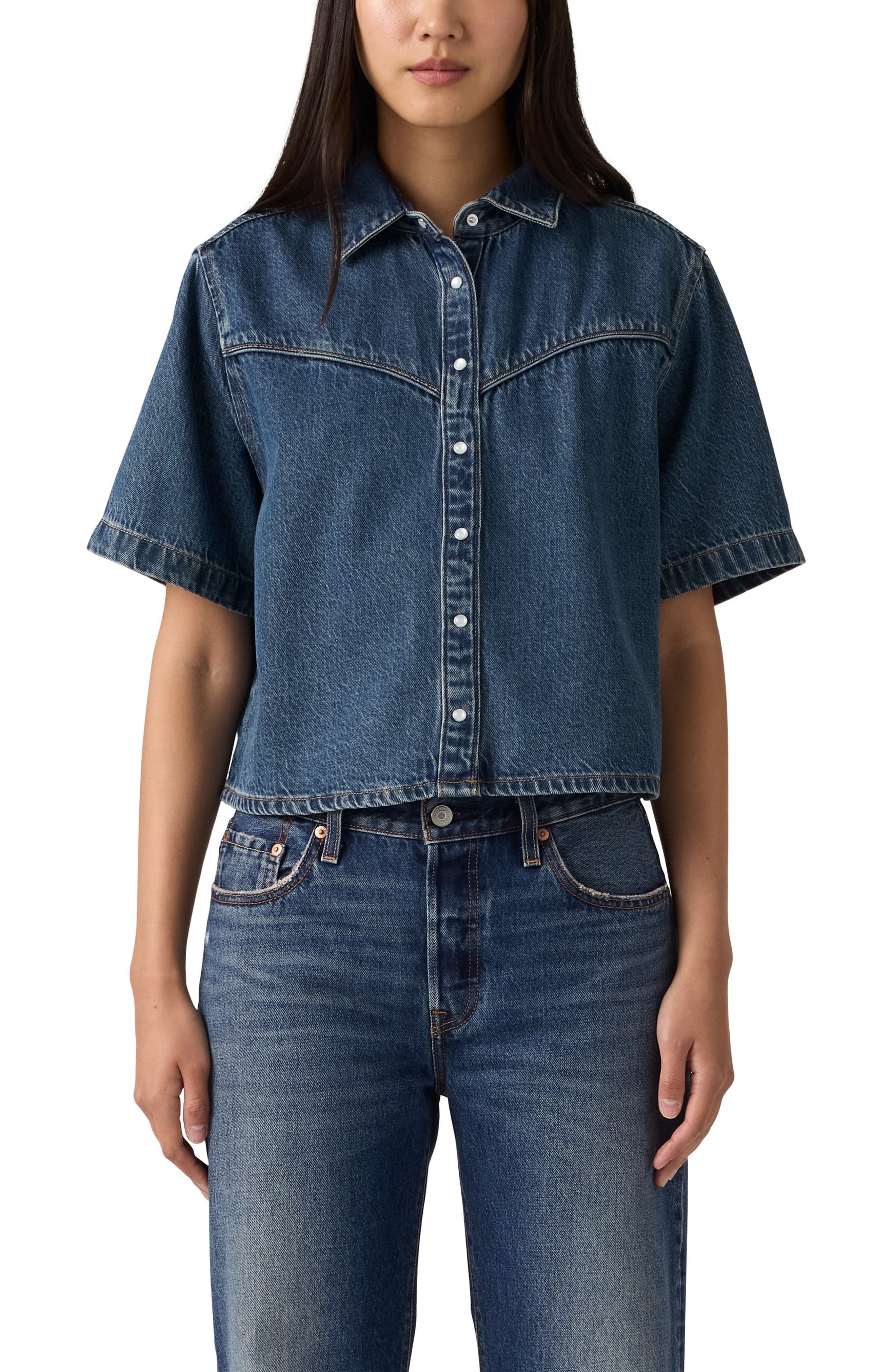 Logan Short Sleeve Denim Snap-Up Shirt - image 1