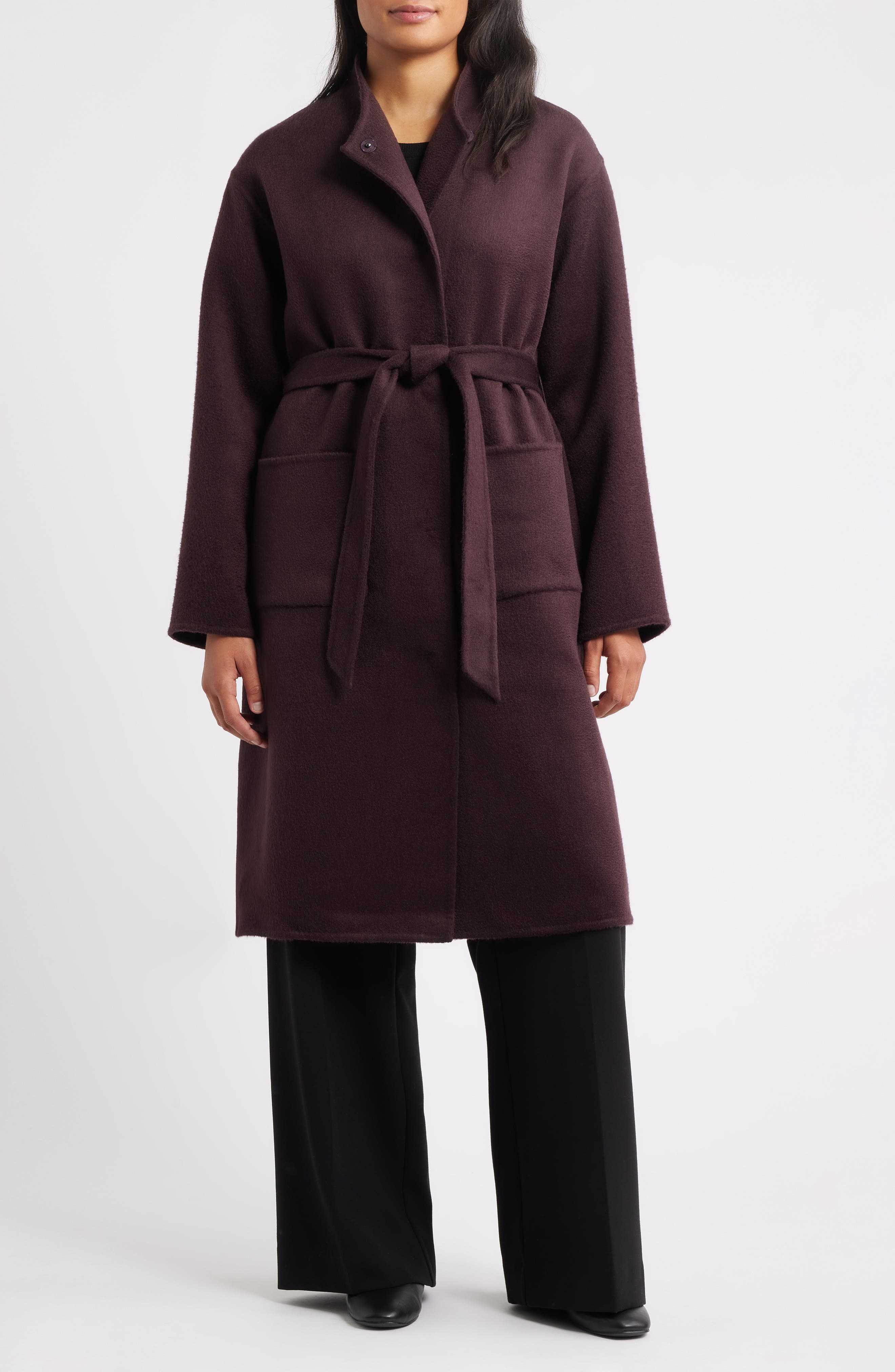Belted Stand Collar Wool Coat - image 1