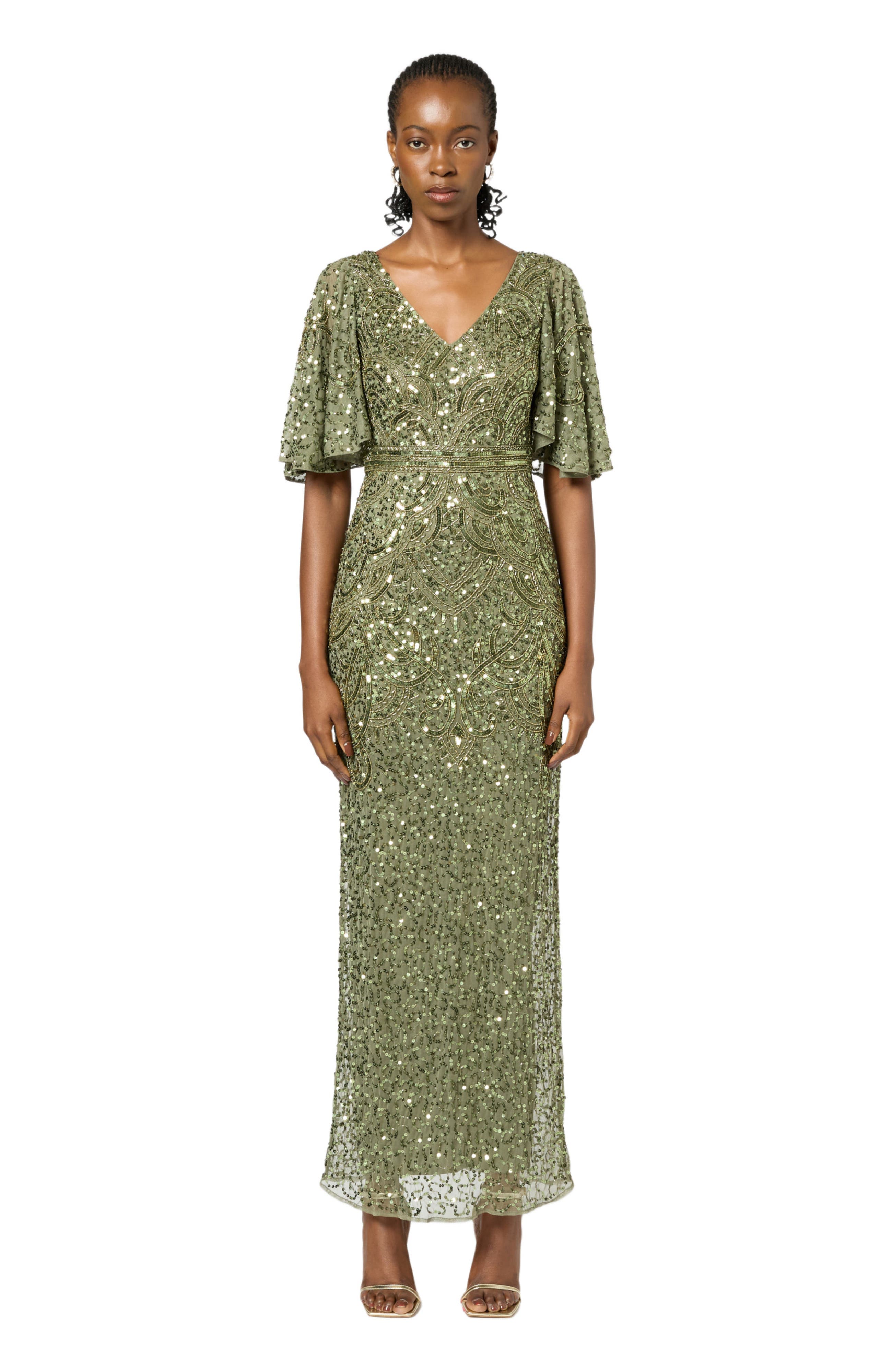 Occasion Embellished Sequin Beaded V Neck With Short Sleeves Evening Dress - image 1