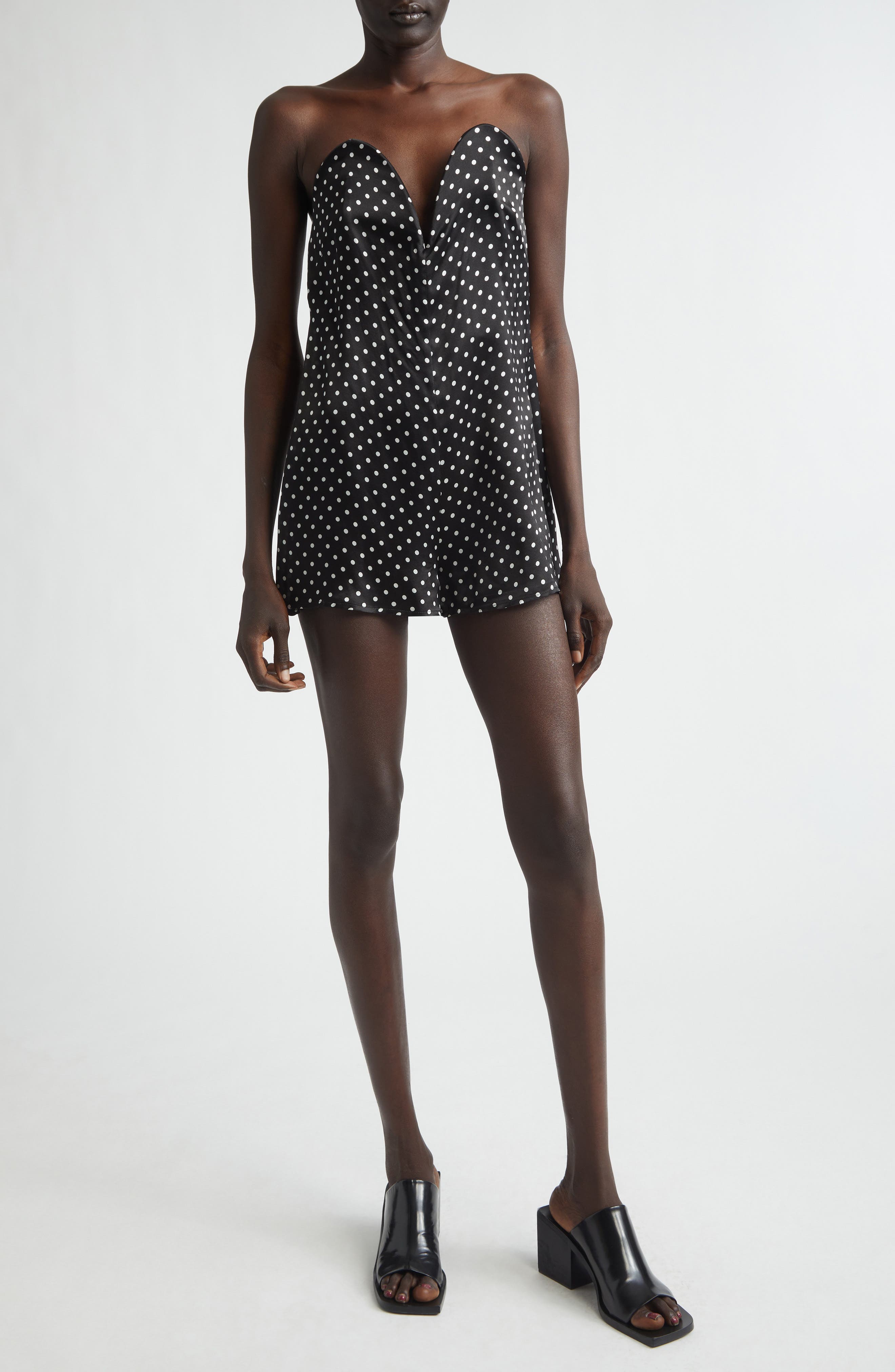 Polka Dot Strapless Silk Satin Bustier Romper - image 1